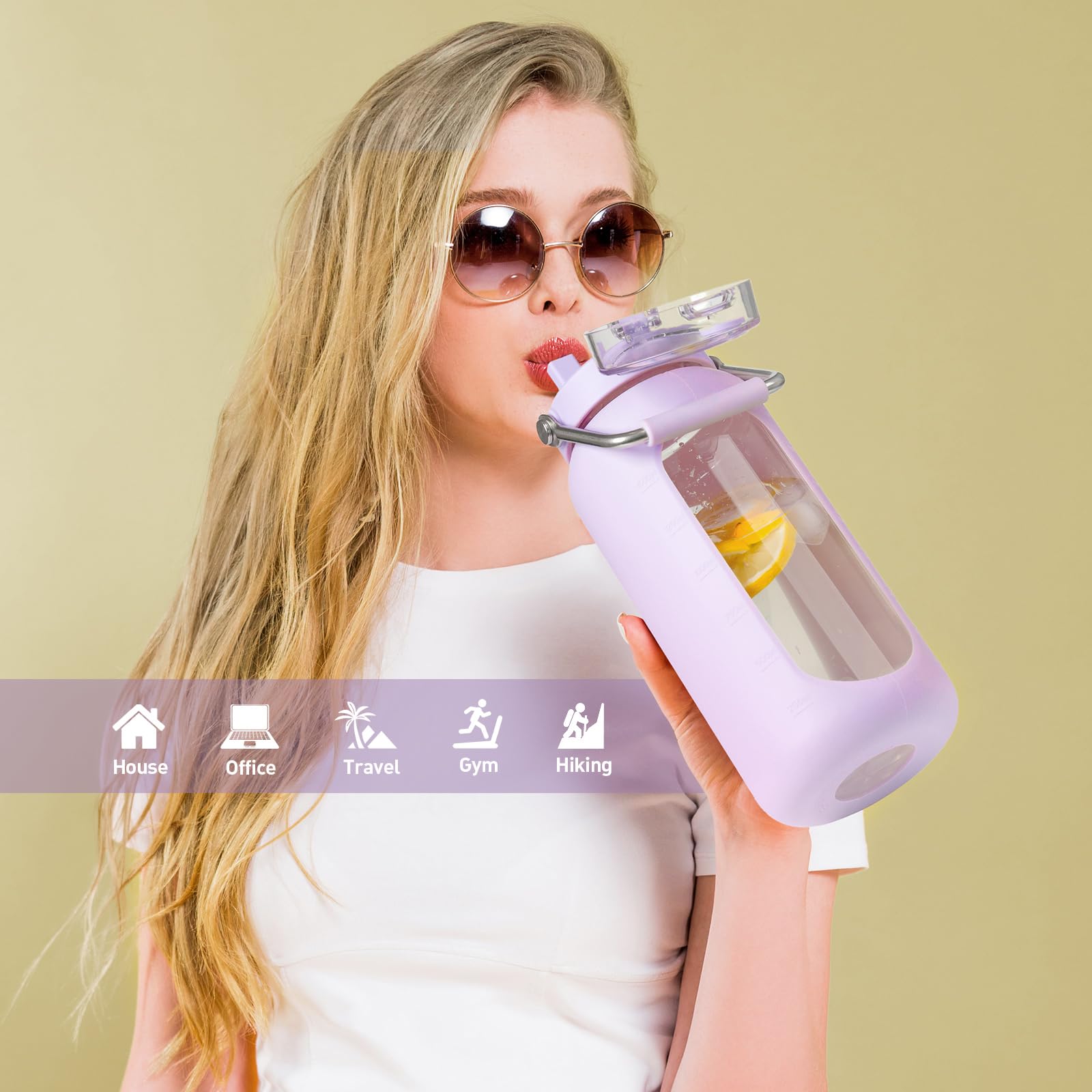 Qidordour Botella De Agua Deportiva, Botellas De Agua Motivacionales De 64 Onzas Con Pajilla Marcador De Tiempo Infusor De Frutas Y Asa Botella