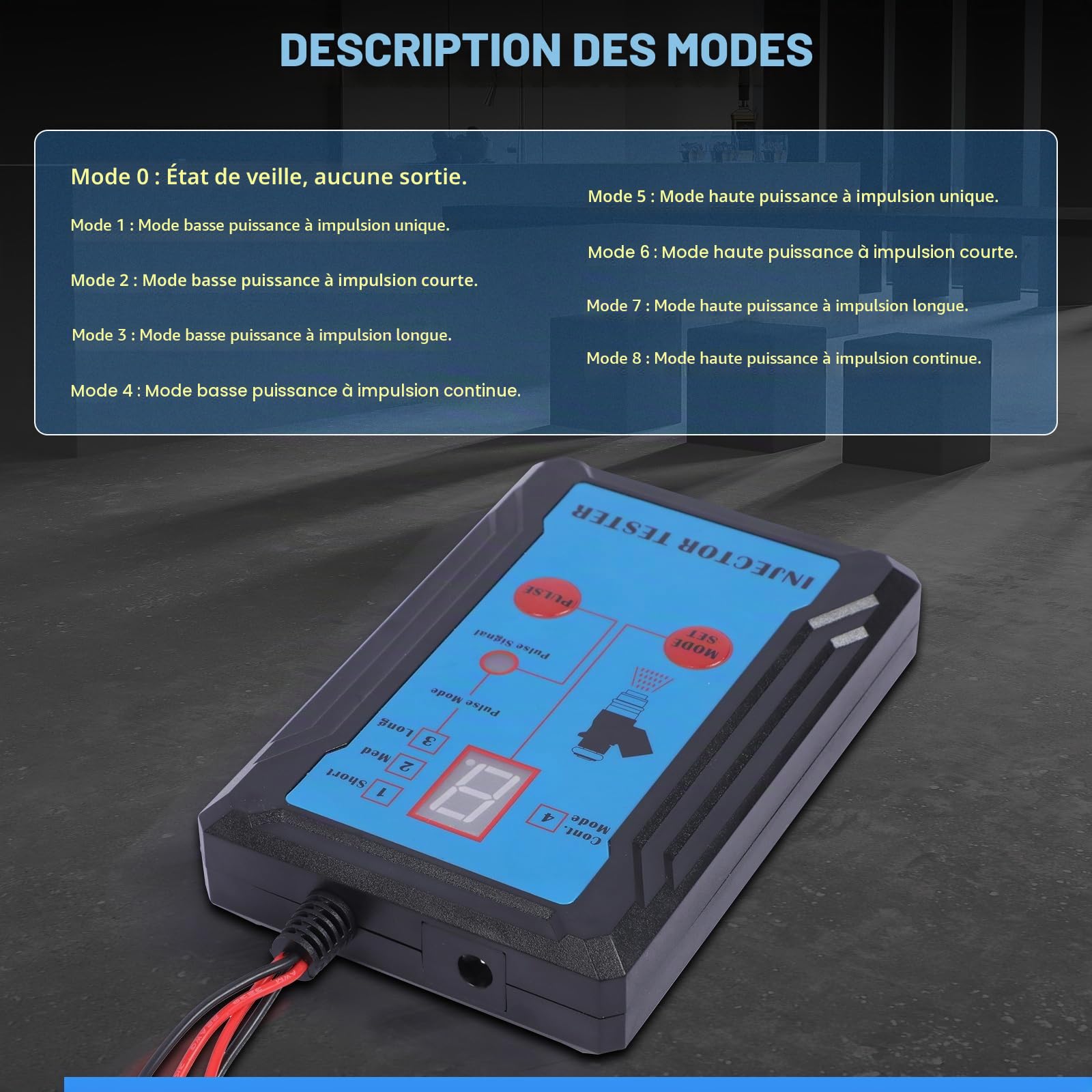 Testeur d'injecteur de carburant de voiture 12 V - 8 modes d'impulsion - Appareil de diagnostic d'injection de carburant avec 4 adaptateurs de tuyau