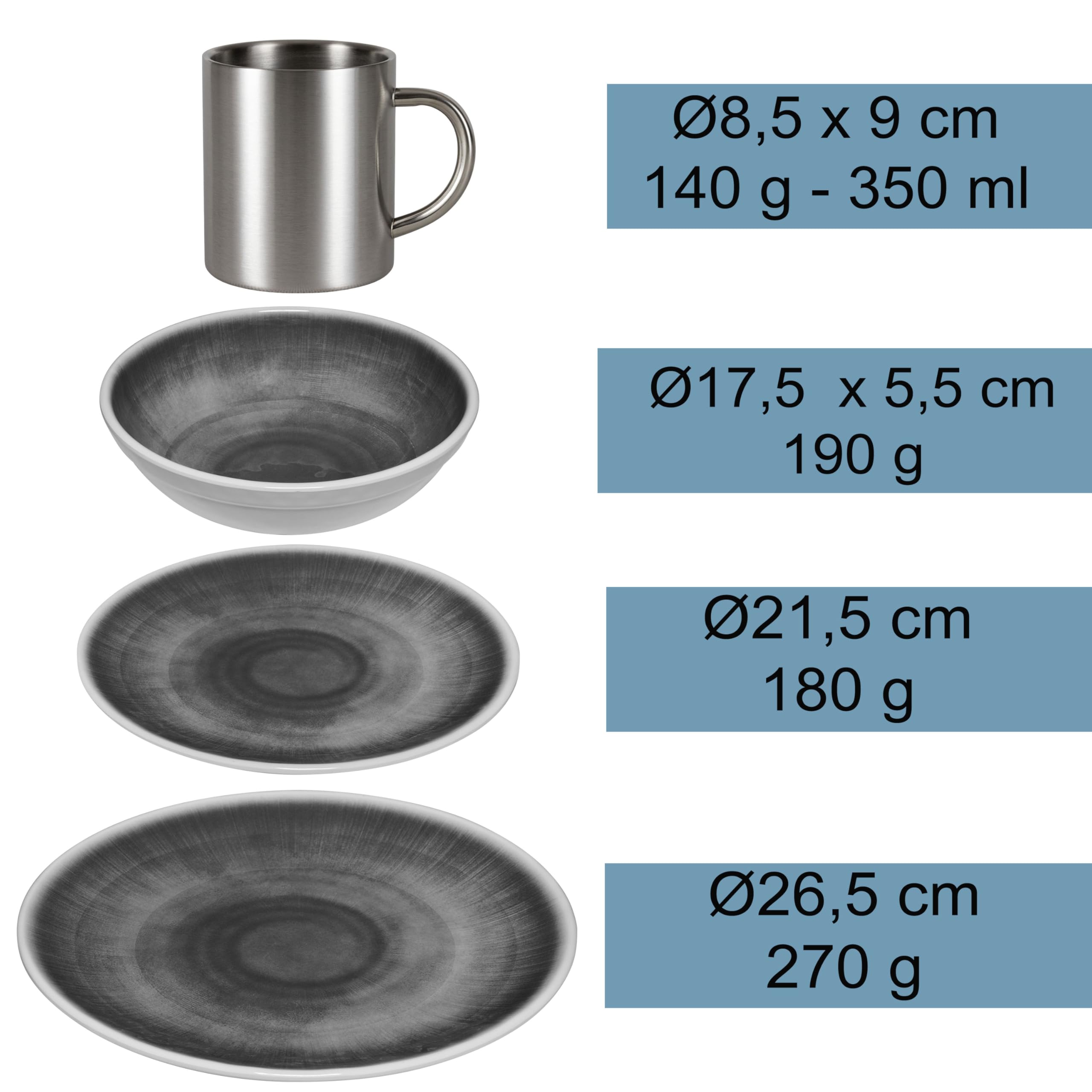 Melamin Geschirr Set Toskana Deep für 6 Personen 24 Teile Edelstahl Thermo