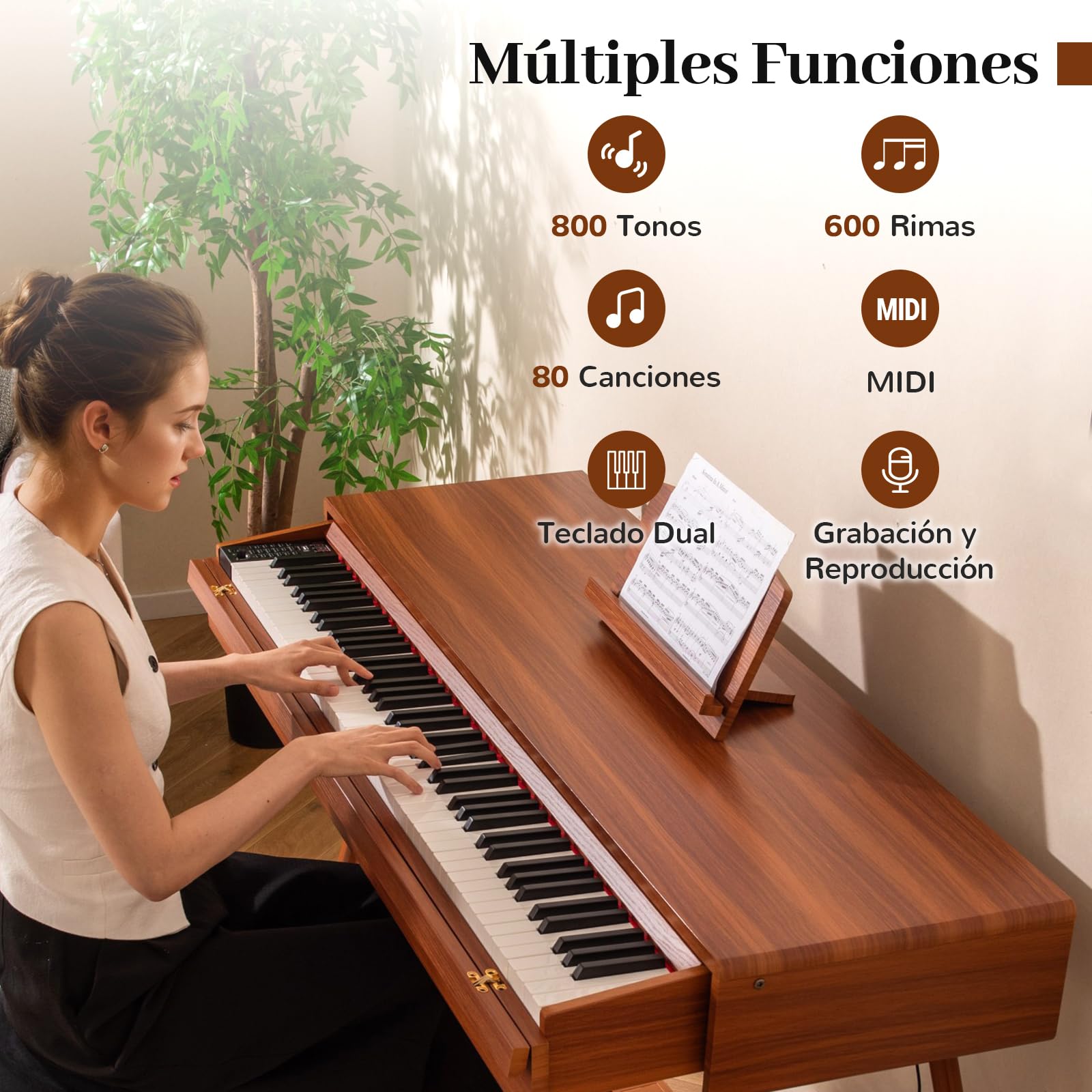 COSTWAY Piano Digital de 88 Teclas Contrapesadas con Acción de Martillo, Piano Eléctrico de Tamaño Completo con Cajón Extraíble, Función de Grabar y Reproducir, Triple Pedal y Doble Altavoces