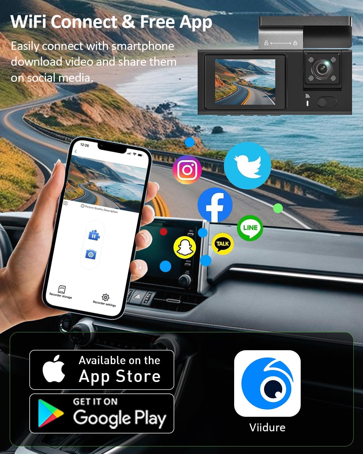 3 Channel 4K WiFi Dash Cam, 4K+1080P+1080P Front Inside and Rear, Triple Dash Camera with 32GB Card, APP Control, G-Sensor, 24 Hours Parking Mode, Loop Recording, Night Vision
