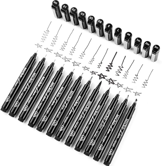 Set of 12 Black Micro-Pen Fineliner Ink Pens - Waterproof Archival ink Fine Point Micro Pen for Multiliner, Sketching, Brush Lettering, Artist Illustration, Technical Drawing, Calligraphy, Scrapbookin