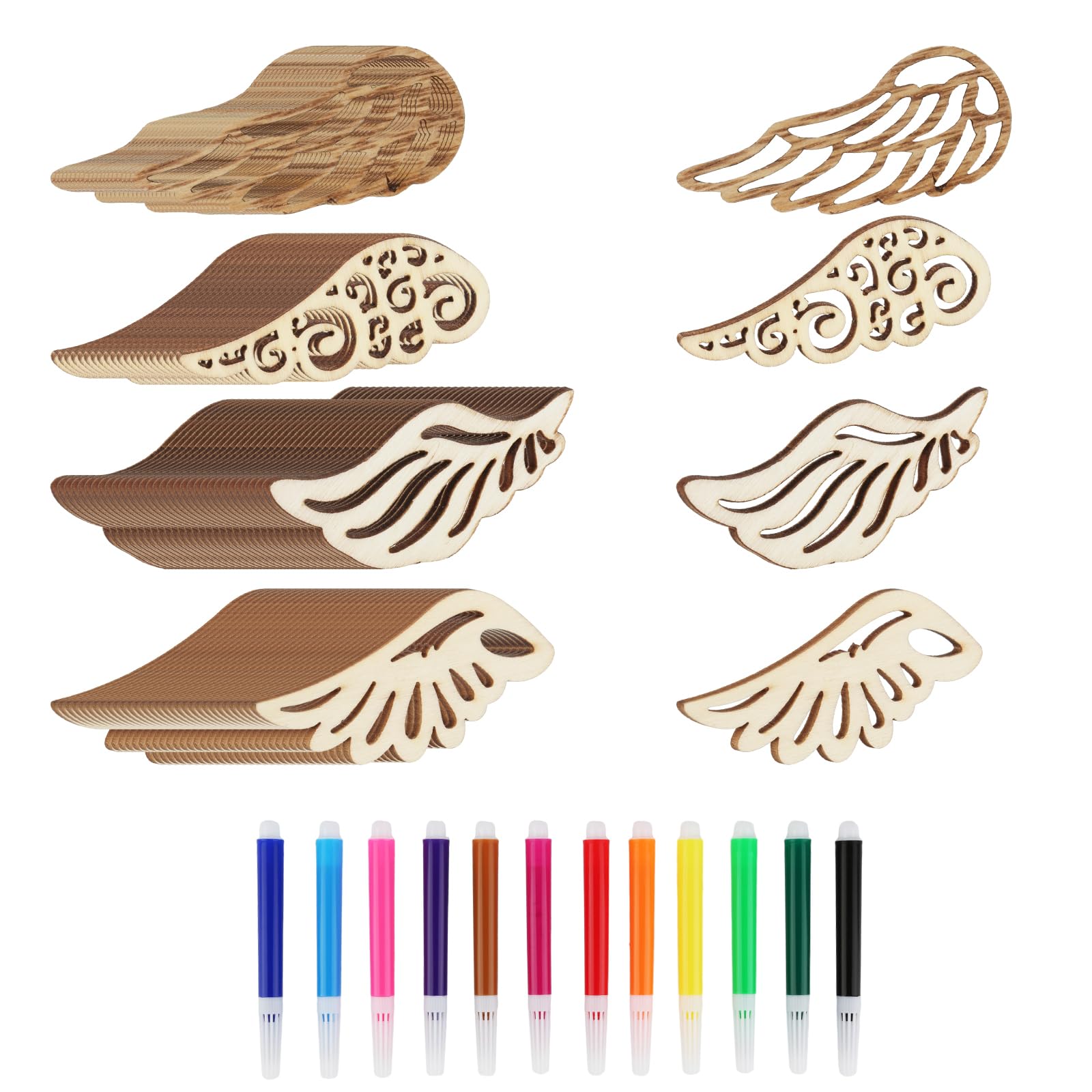 Pack of 100 Wooden Angel Wings Decorations, Hollow Angel Wings DIY Crafts, with 12 Graffiti Brushes (12 Colours), Unfinished Angel Wings Wooden Cutouts for Crafts Making DIY (4 Styles)