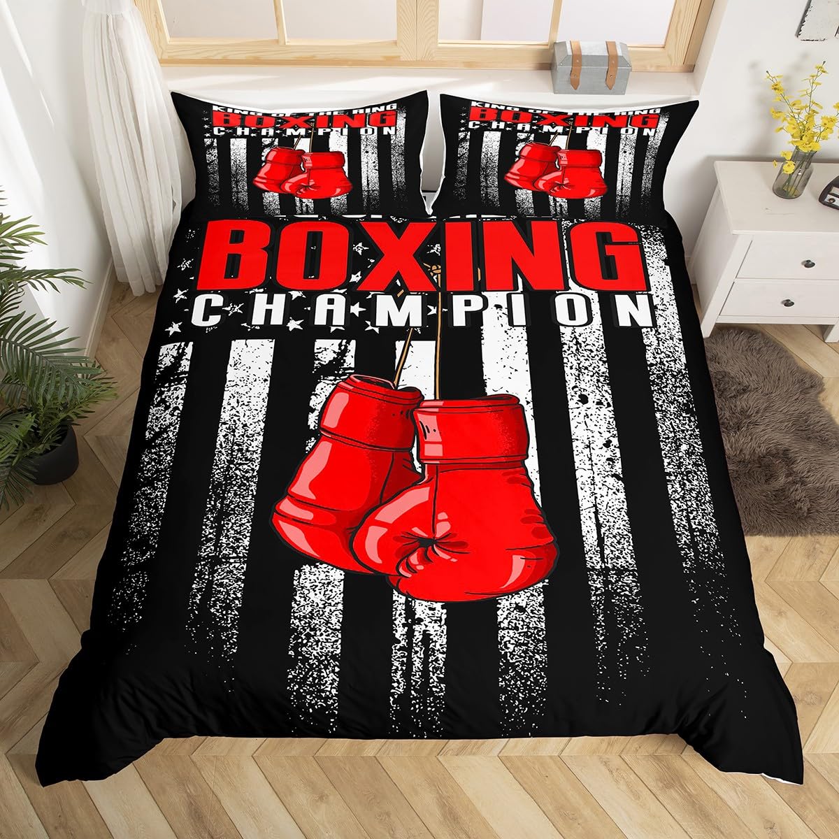 Homewish Boxing Bedding Set Double Size, Teens Boys Sports Game Room Decor Duvet Cover Set, Red Boxing Gloves Print Comforter Cover, Vintage Gruge White Striped Quilt Cover, Black, 3 Pieces