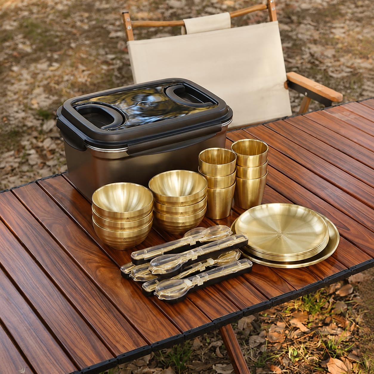Gold Göffel Edelstahl, Reise Göffel für Camping, Kompakt Camping Set, Outdoor mit Tasche, 4-Personen-Set, Gold