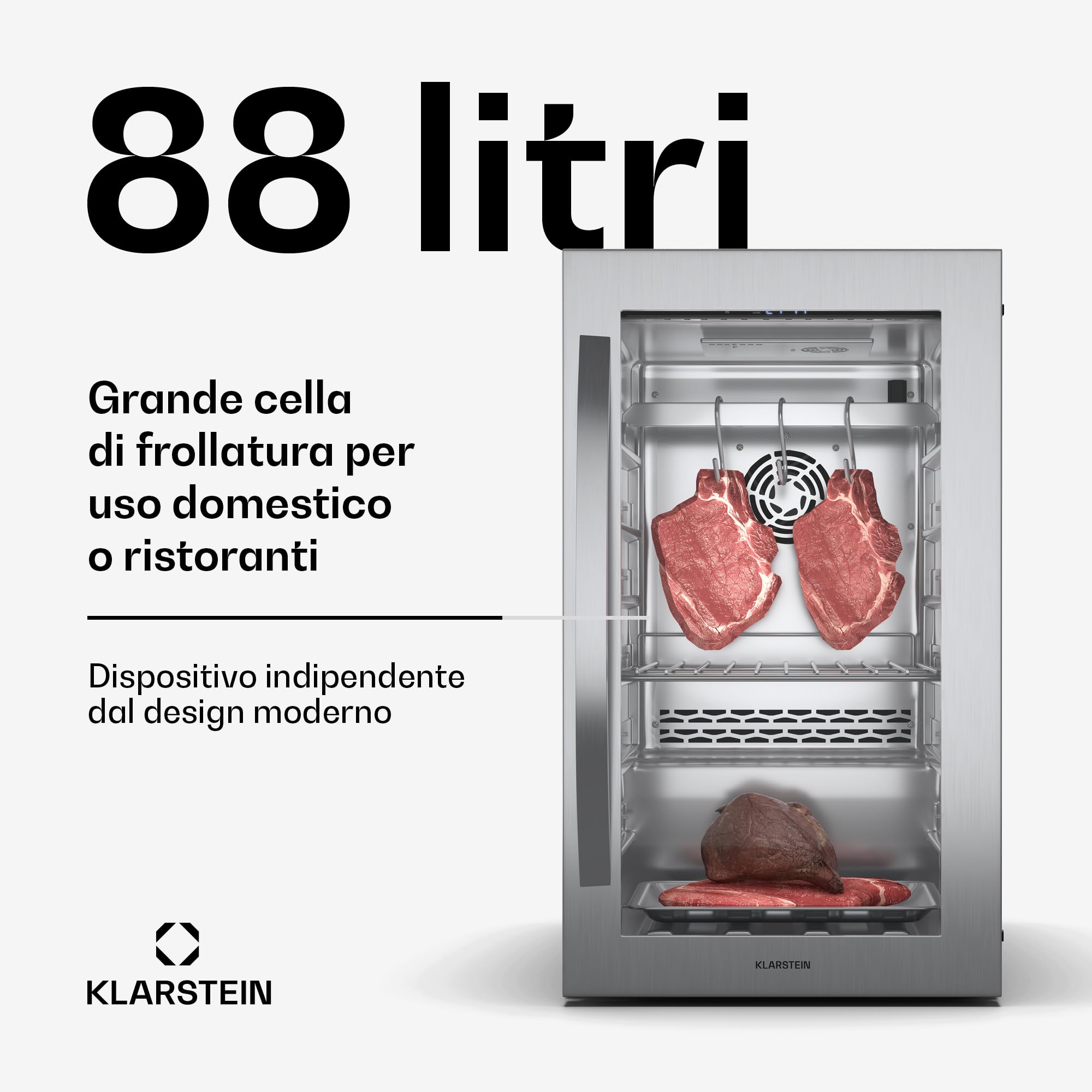 KLARSTEIN Frigo per Frollatura Carne, 88L Armadio Stagionatura con Controllo Temperatura e Umidità, Illuminazione UVC Antibatterica, Pannello Touch, Porta Doppio Vetro, Acciaio Inossidabile