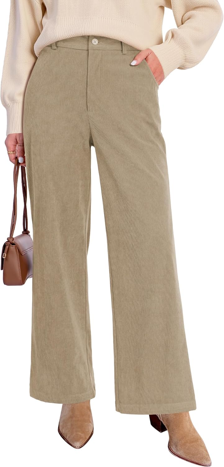GRAPENT Corduroy Wide Leg Pants Woman High Waisted Fall Business Casual Elastic Waist Loose Trendy Trousers with Pockets