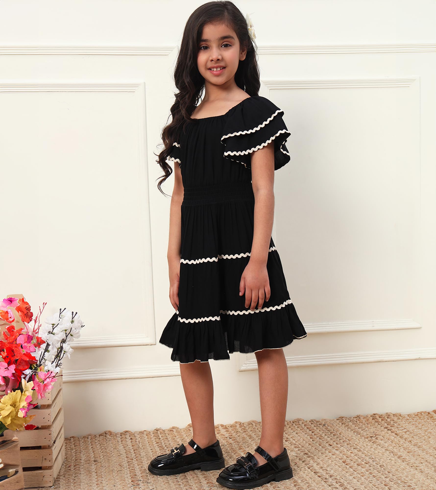Bugandbees Solid Cotton Tiered Fit & Flare Dress for Girls|Square Neck Cap Sleeves Midi Length Dress for 3 Years to 13 Years Kids|Party Casual Wear Western Collection (BBDR00000124_12-13Y_Black) 2