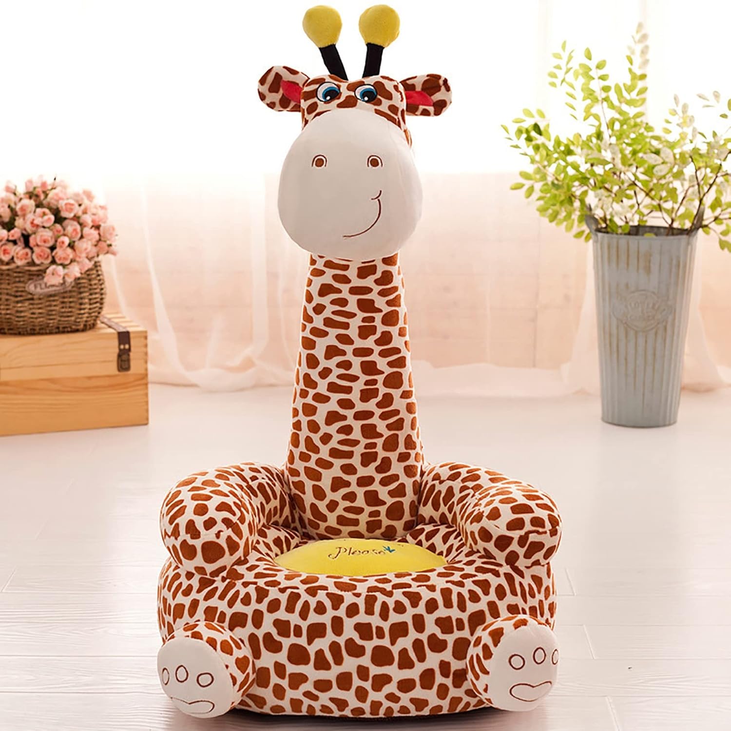 YUDIZWS Jirafa de Peluche Niños Sofá Silla Dibujos Animados Lindo Animal Multifuncional Relleno Sillón para Niñas Niños, Mullida Lectura Asiento Cama Silla Niños Habitación Decoración,Marrón,A