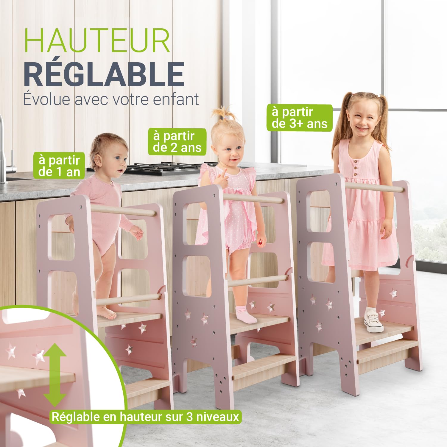 Juskys Tour d'apprentissage Henny - pour Enfants à partir d'un an, Marche-Pied, réglable en Hauteur sur 3 Positions, Protection Anti-Bascule, Aide à la Cuisine - Rose