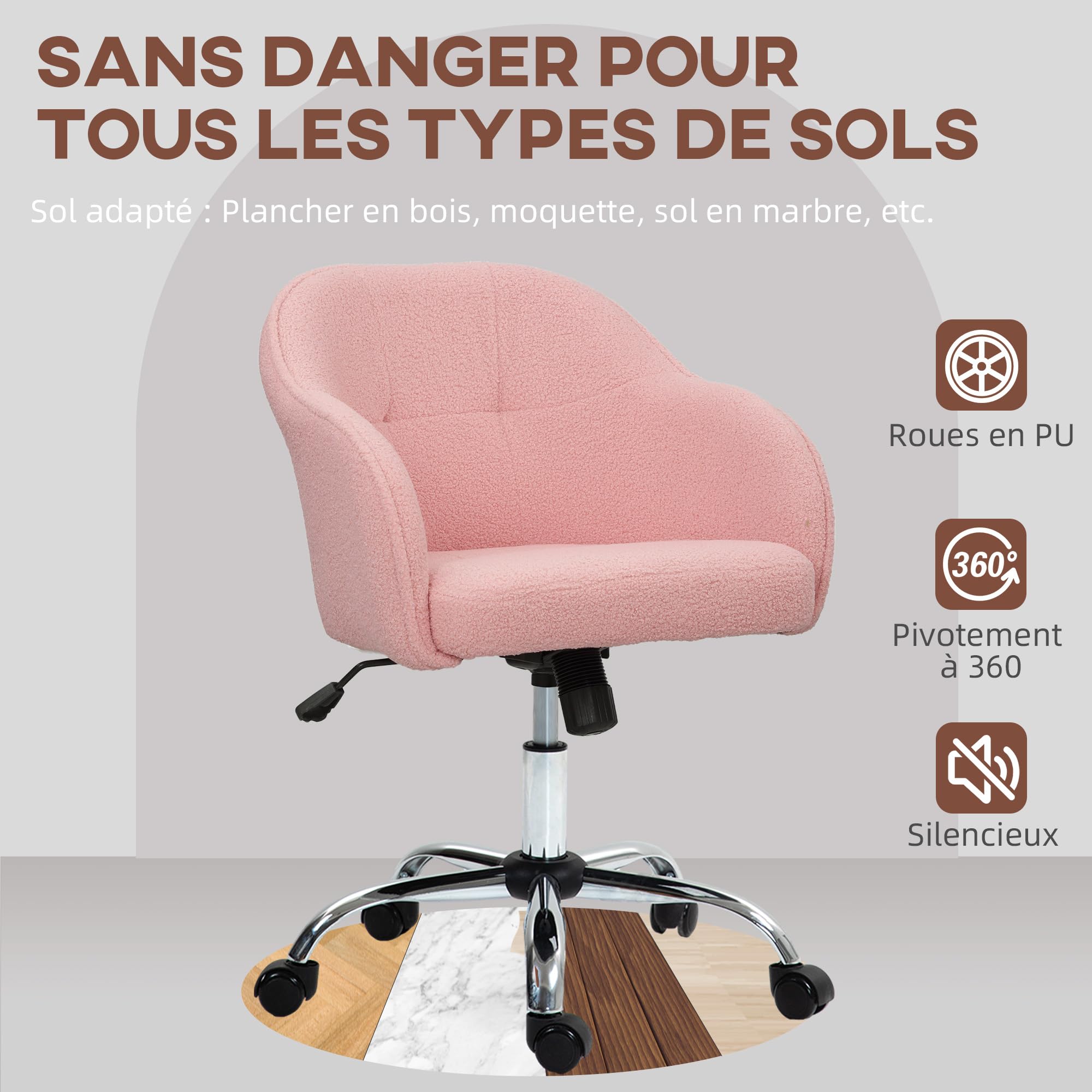HOMCOM Chaise de Bureau Fauteuil de Bureau Teddy Hauteur Réglable Rose