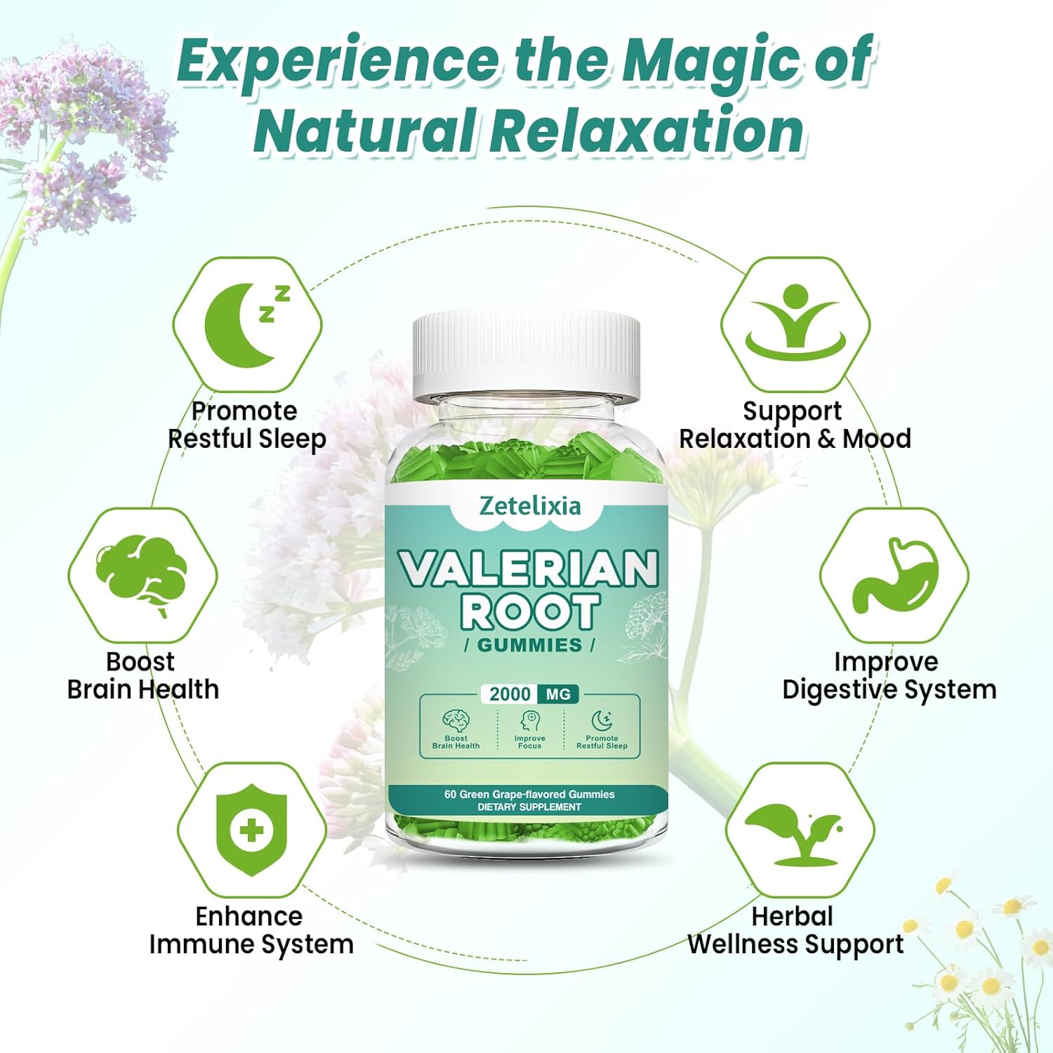 2 Pack Organic Valerian Root Gummies, Natural Calm to Help Relaxation, Herbal Supplement for Mood Support, Melatonin Free, Non-GMO, Gluten Free, Vegan, Green Grape Flavor, 120 Count - Image 2