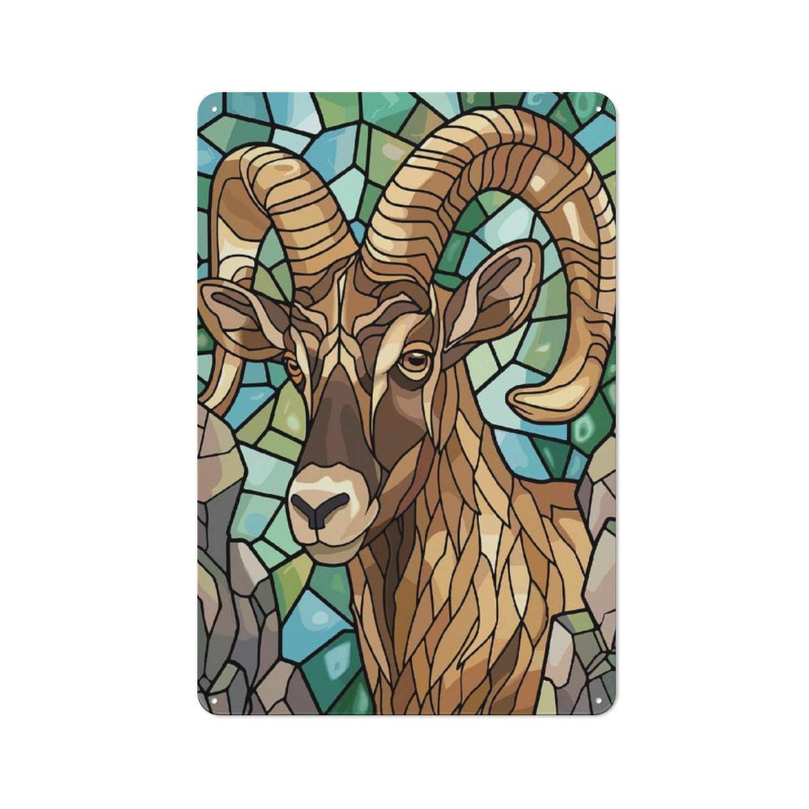 Junmoney Style-24 For Lounge Or Reading Corner, Stained Glass Bighorn Sheep Portrait Retro Tin Sign 30X20cm, Gift For Reading Corner Decorators During The Christmas Season