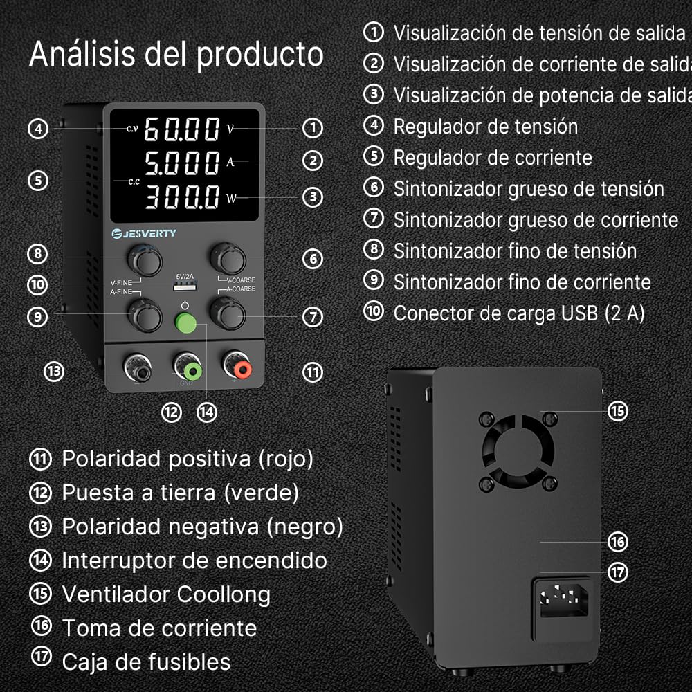 Fuente de Alimentación Regulable 60V 5A DC Fuentes de Alimentación de Laboratorio Fuente de Alimentacion de Banco Ajustable Pantalla LED de 4 Dígitos Jesverty SPS-6005N — view 3