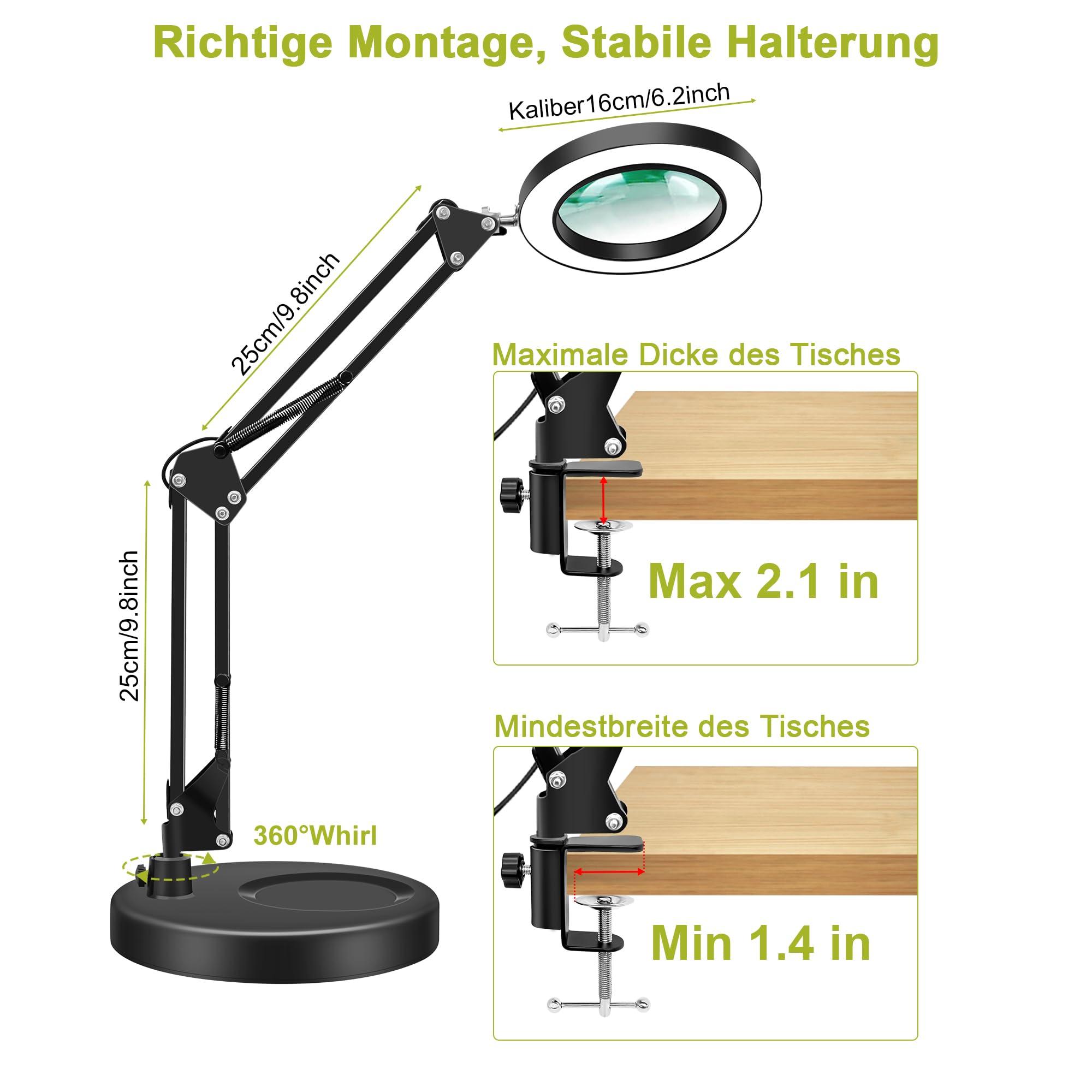 Lupa con luz y trípode, 10 lupas, 2 en 1, lámpara de lupa LED con 3 modos de color, 10 niveles de brillo, manos libres para manualidades, aficiones, pintura, trabajo (negro, con base)