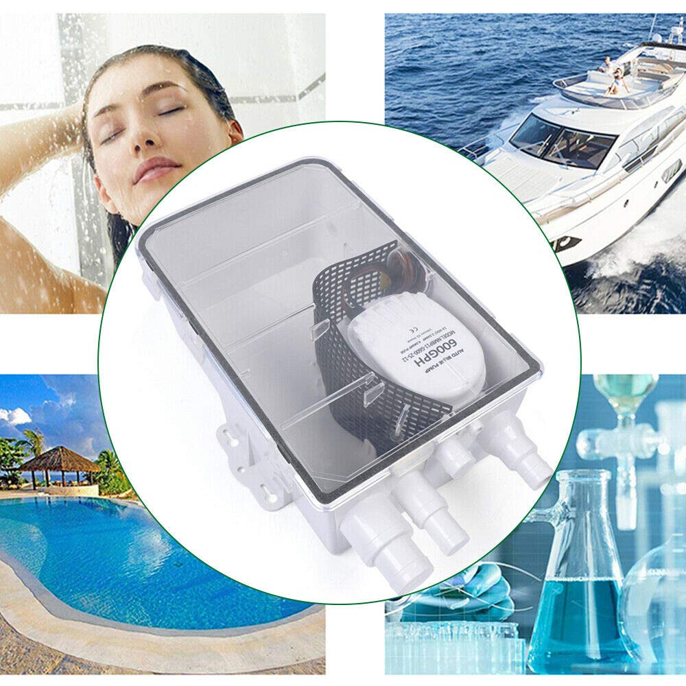 Duschpumpe, Duscha Haushaltspumpe 2,5m, Kompakte Boot Duschwanne Pumpe mit eingebautem automatischen Schwimmerschalter, Duschsumpfpumpensystem, 2271l/h, 12V, 4 Eingangsanschluss (19/25/29/39cm)