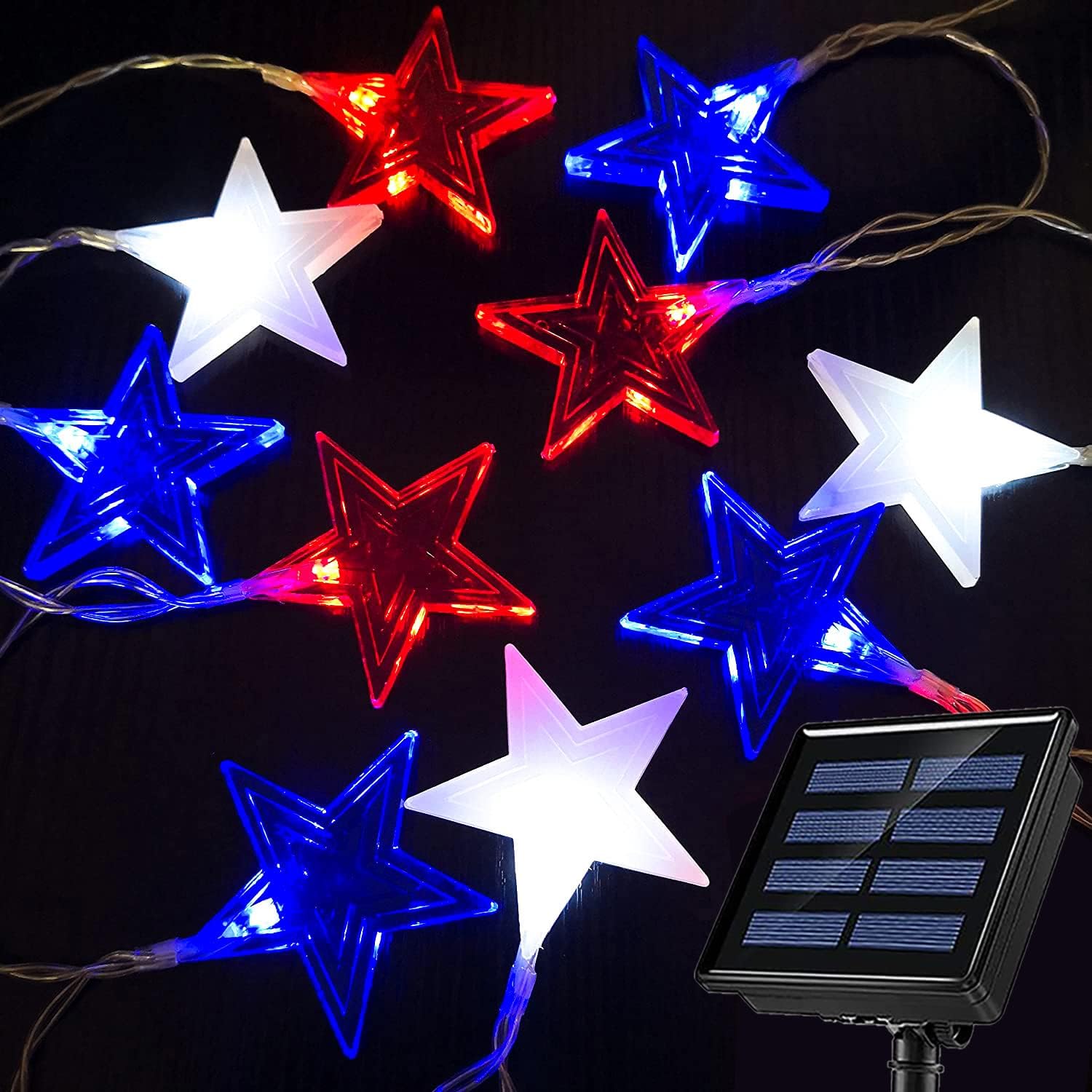Upgraded 51 LED Solar 4th of July Decorations Red White and Blue Lights
