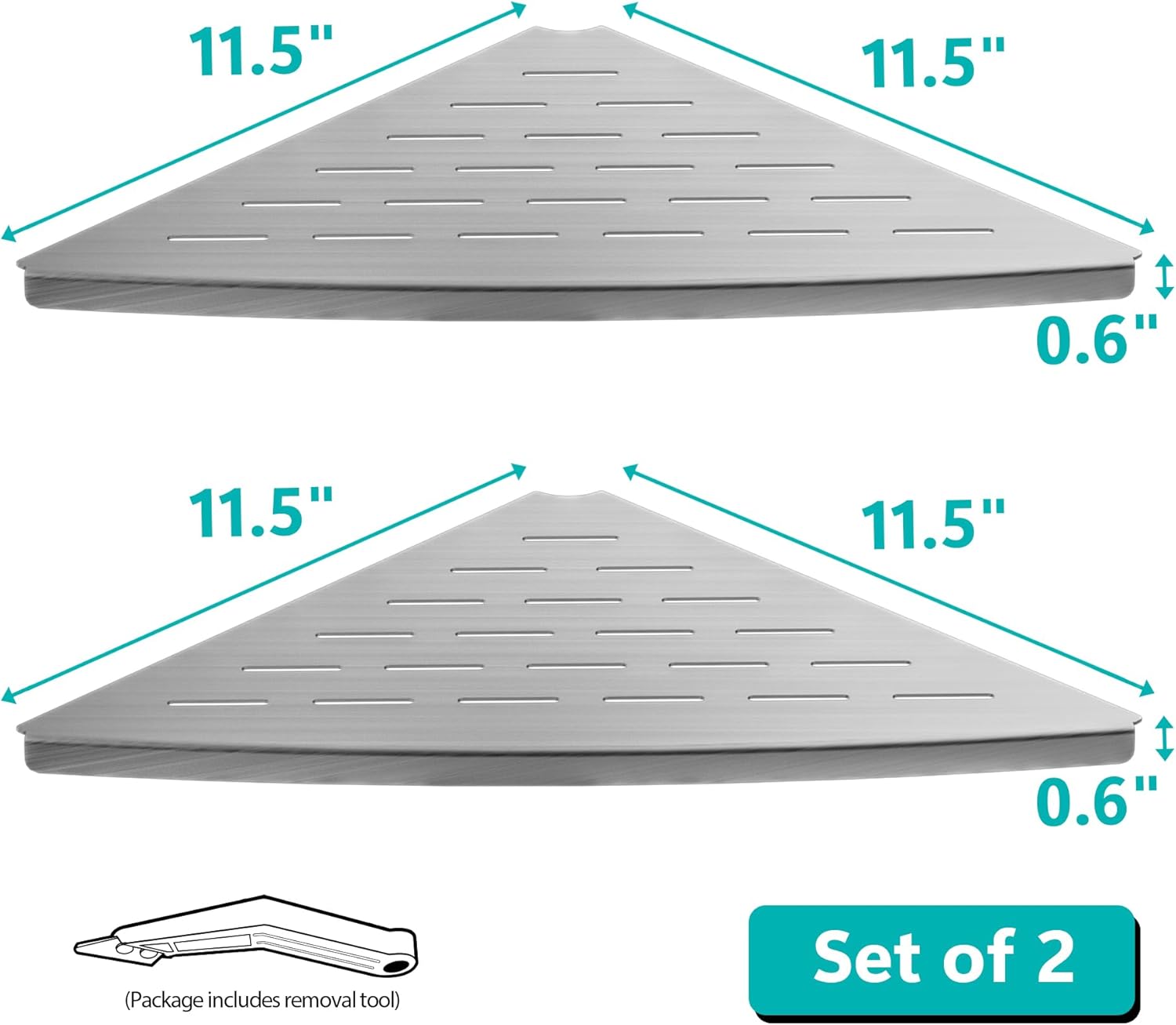 Corner Shower Shelf Brushed Nickel, 304 Stainless Steel 11.5” Recessed Corner Shelf Bathroom for Tiled Wall, Floating Shower Shelves Shampoo Holder, No Drilling, 2 Pack