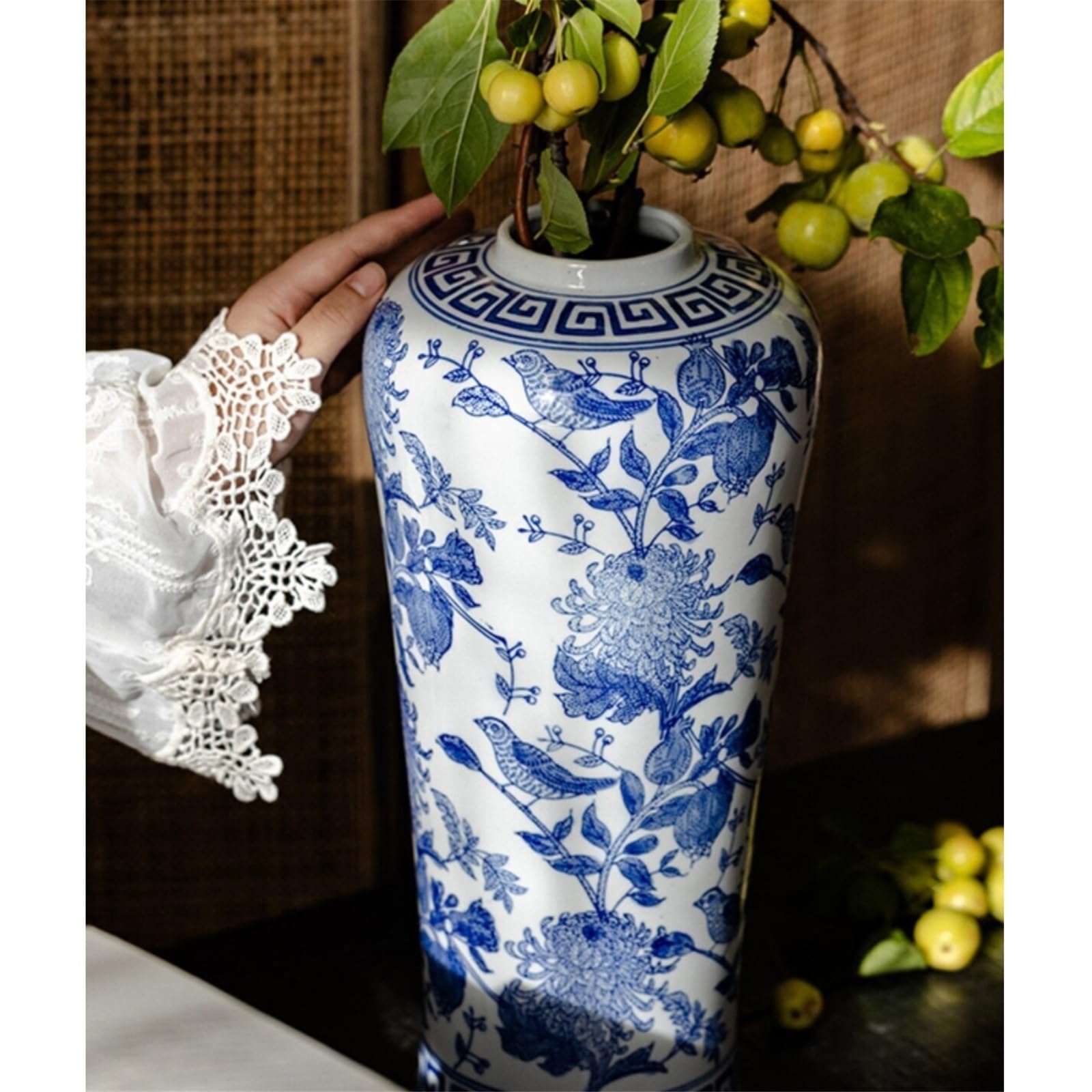 Jarrón para Mesa Jarrón de Porcelana Azul y Blanca 39 cm Alto