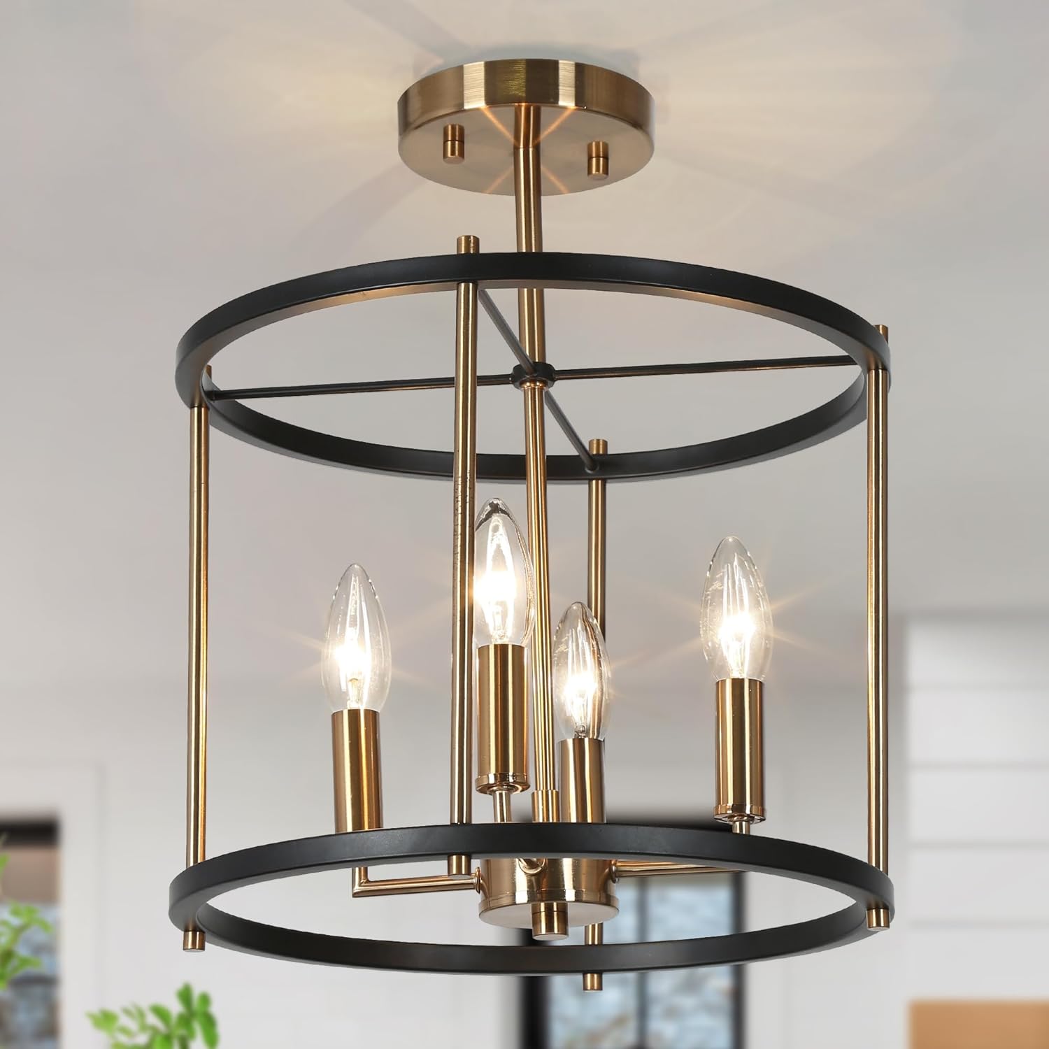 KSANA Semi Flush Mount Ceiling Light, Mid-Century Modern Ceiling Lights 4-Light Close-to Ceiling Light Fixture for Entryway, Hallway, Kitchen, Black & Imitation Copper Finish, Black Fabric Shade