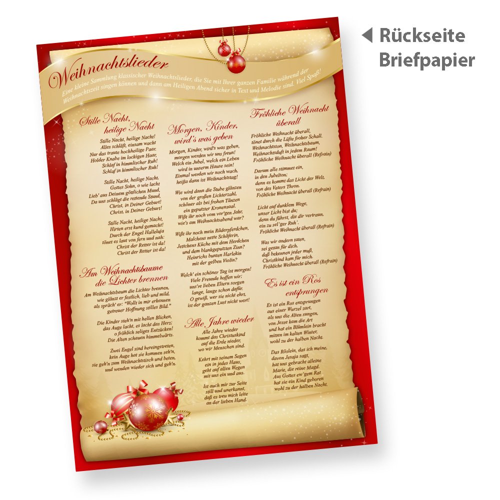 Weihnachtsbriefpapier SANTA CLAUS beidseitig (500 Blatt) Briefpapier mit Weihnachtsliedern auf der Rückseite für Weihnachten