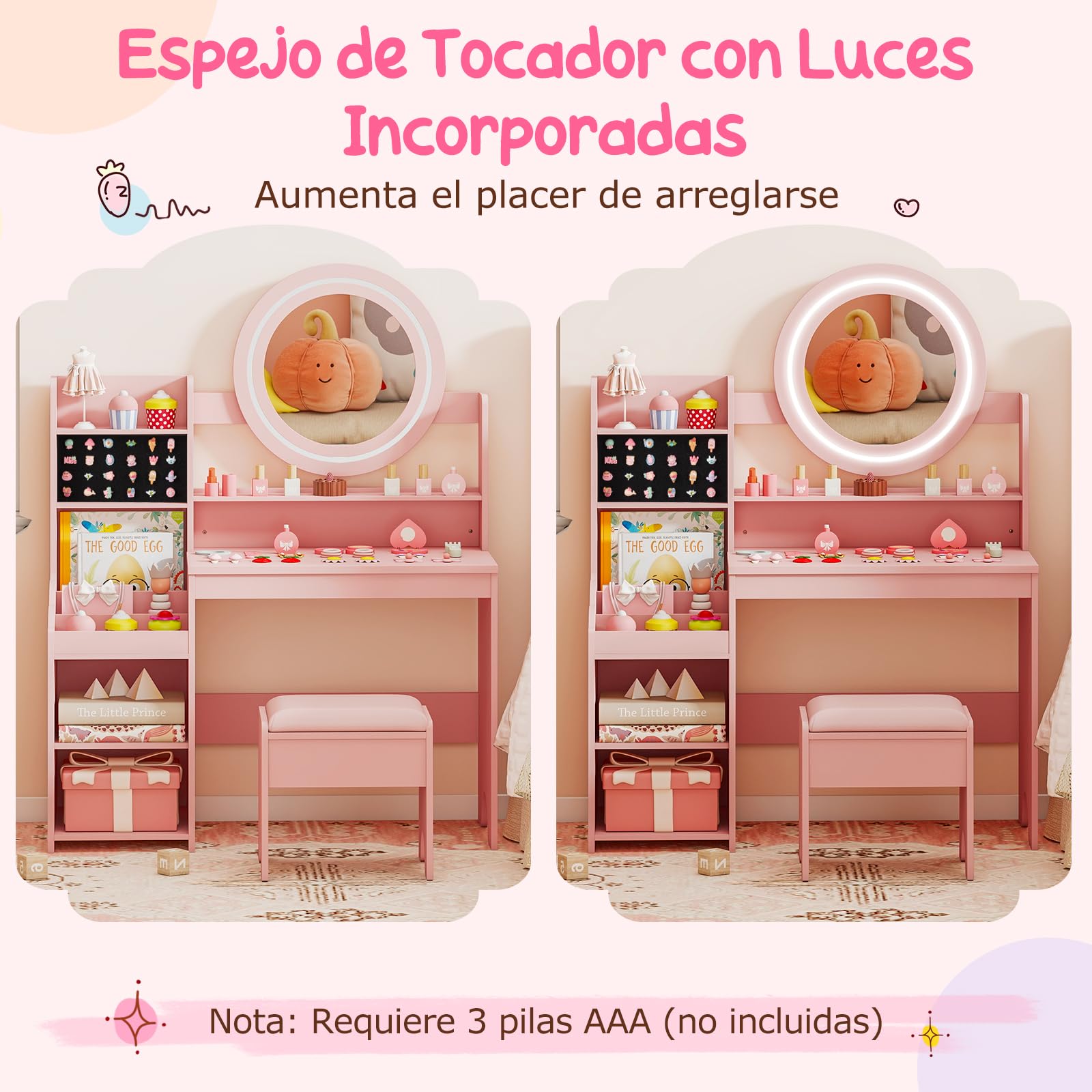COSTWAY Tocador Niña con Espejo y Luces, Tocador de Maquillaje de Princesa con Estantes Abiertos, Ranuras para Anillos y Taburete Tapizado, Mesa de Maquillaje para Niñas (Rosa)