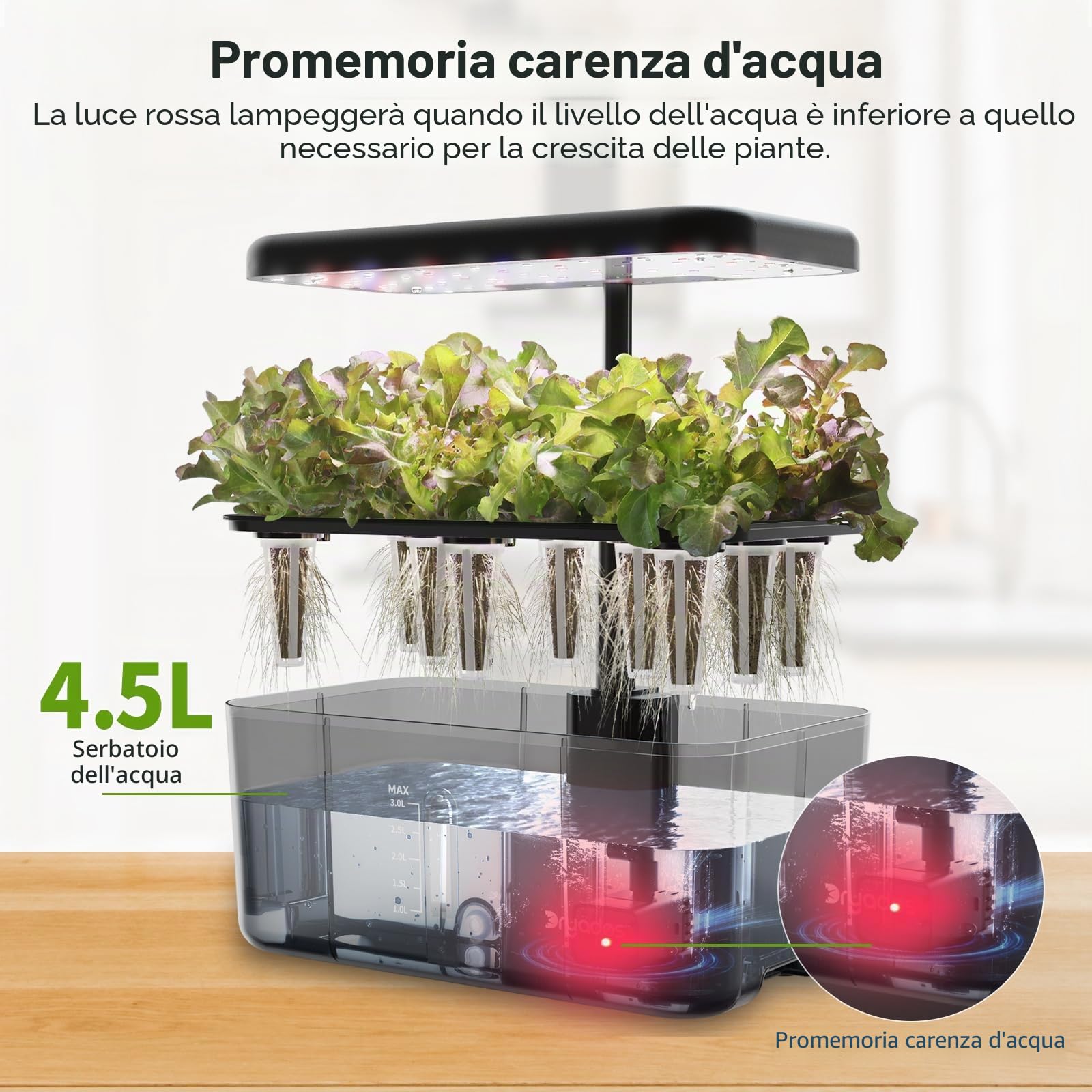Sistema di coltivazione idroponica con luce a LED a spettro completo, 8 cialde da giardino interno con promemoria per mancanza d'acqua, strumenti per giardinaggio per casa, cucina, scuola