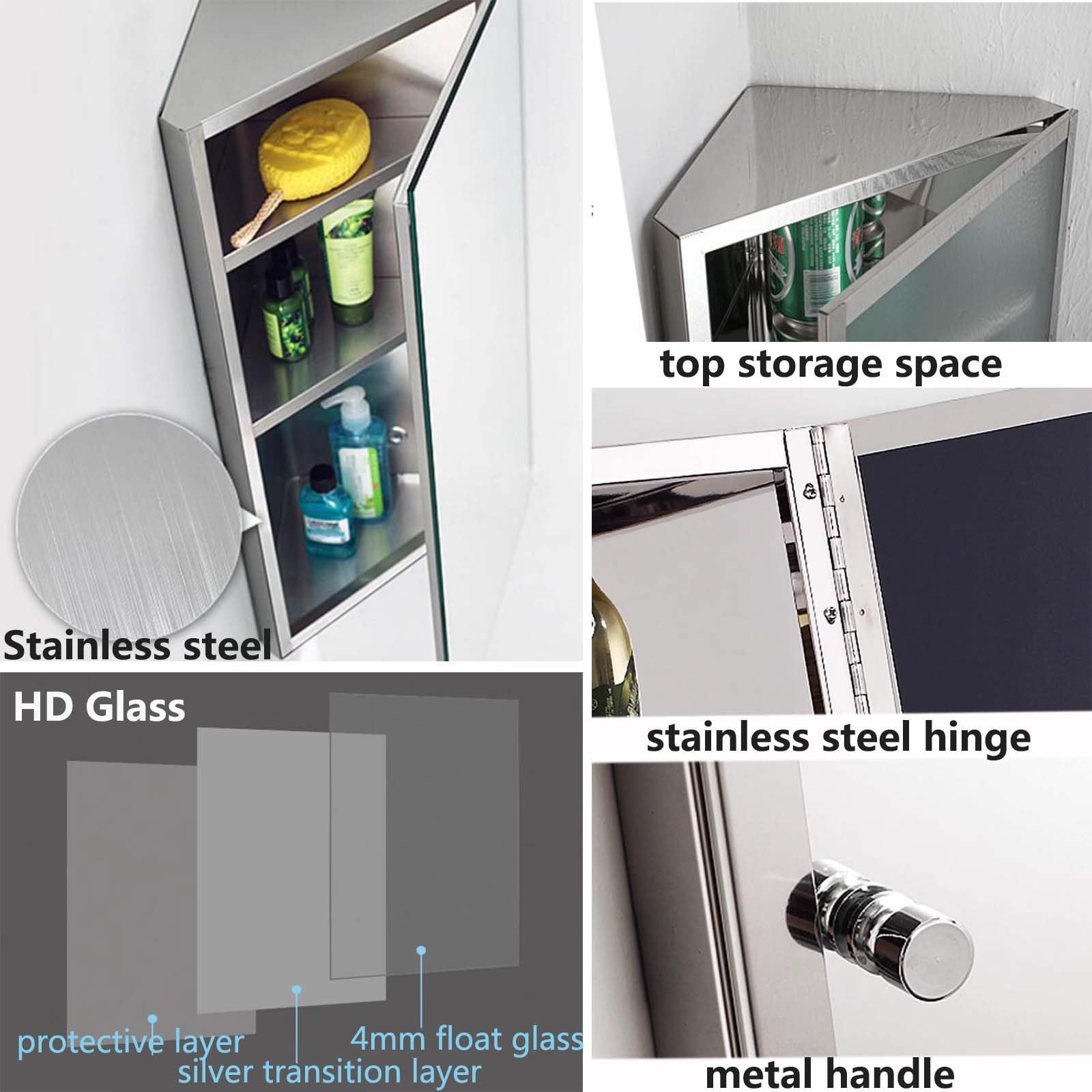 Armadietto angolare in acciaio inox con anta a specchio a 3 ripiani triangolari per bagno e cucina Slish Armarios con Espejo de Baño per soluzioni salvaspazio