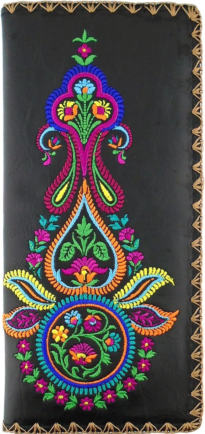 Colorful Floral Splender Flower Festival Embroidered Beautiful Large Wallet (Black)