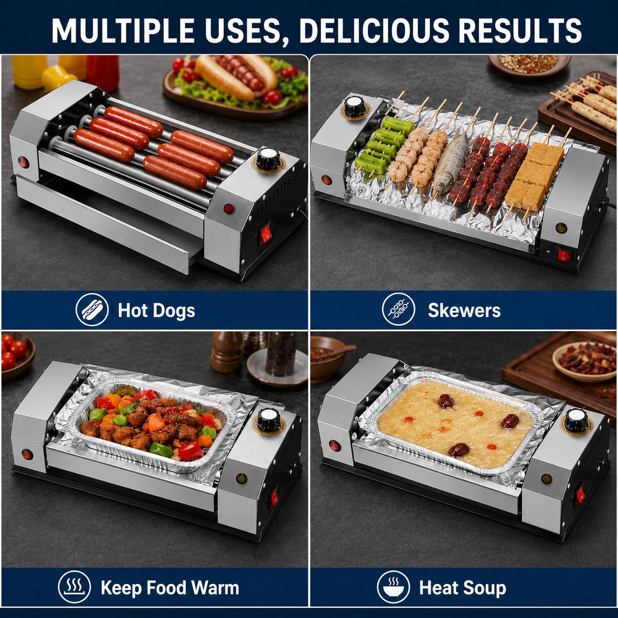 Macchina a rulli per hot dog in acciaio inossidabile 600W, griglia di salsifia di controllo del calore doppia indipendente, rulli riscaldati antiaderenti per le feste della cucina domestica, design co