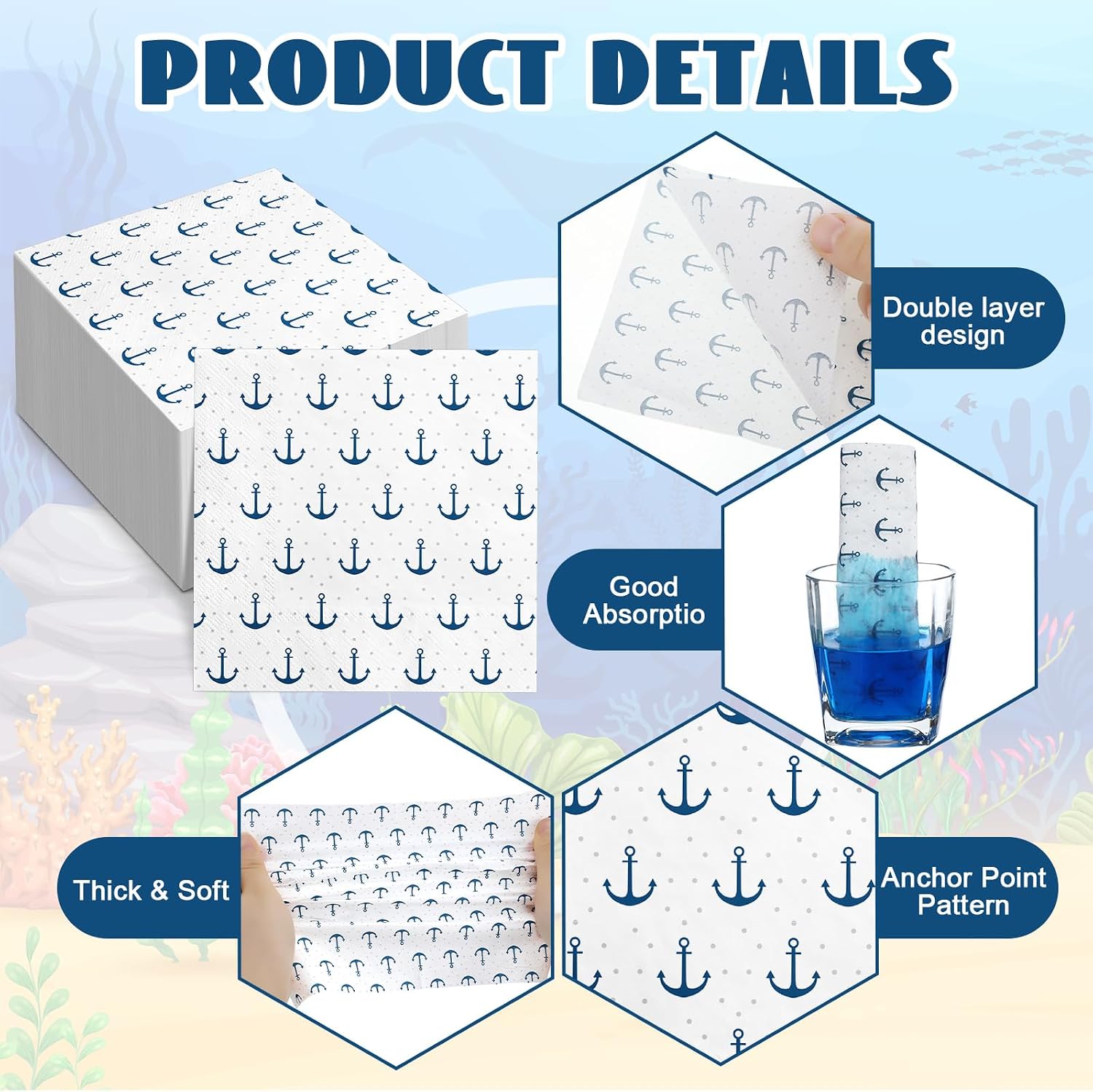 Sabary Cocktail Anchor Disposable Napkin 5 x 5", Flat Edge