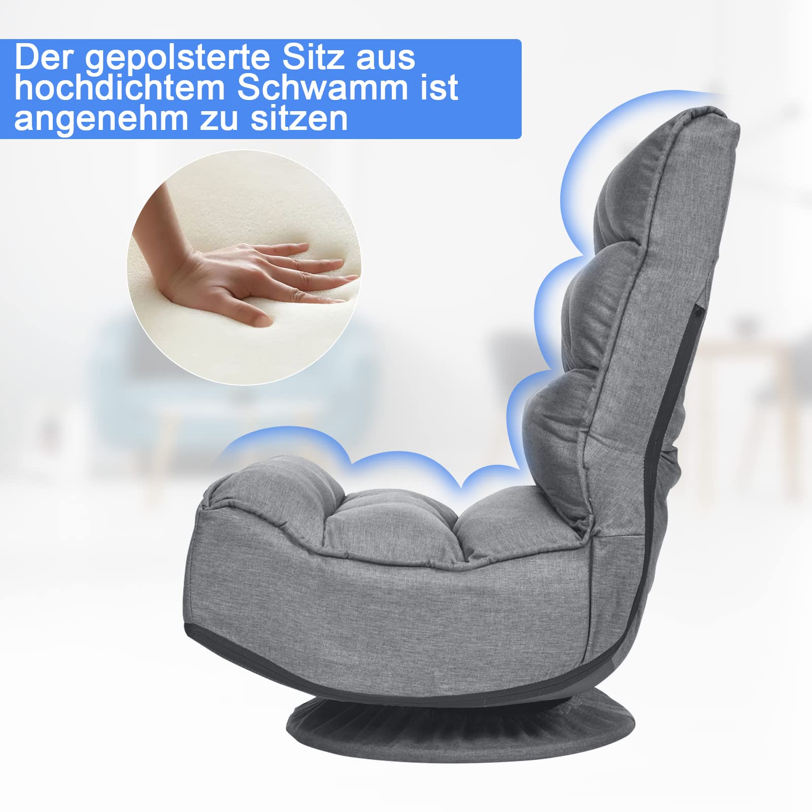 GOPLUS Sillón de Suelo Giratoria 360°, Sofá de Una Plaza Plegable con Respaldo Ajustable, Silla de Juegos, meditación, Soporta hasta 120 kg, para Casa y Oficina (Gris)