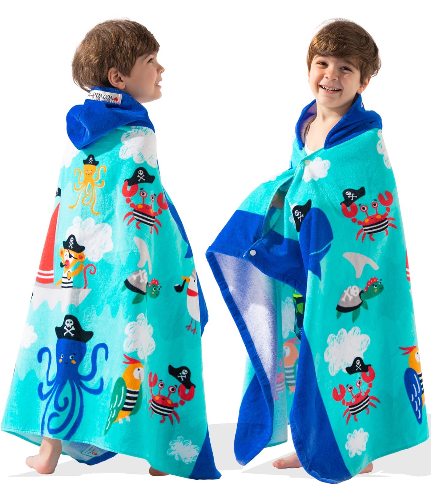 VOOVA & MOVAS Large Cotton Kids Hooded Bath Towels | 50"X30" | Soft Thick Absorbent Beach, Bath, Pool Towels for Girls | Sea Pirate Squid Multicolor-pirate Party 50.00''x30.00''