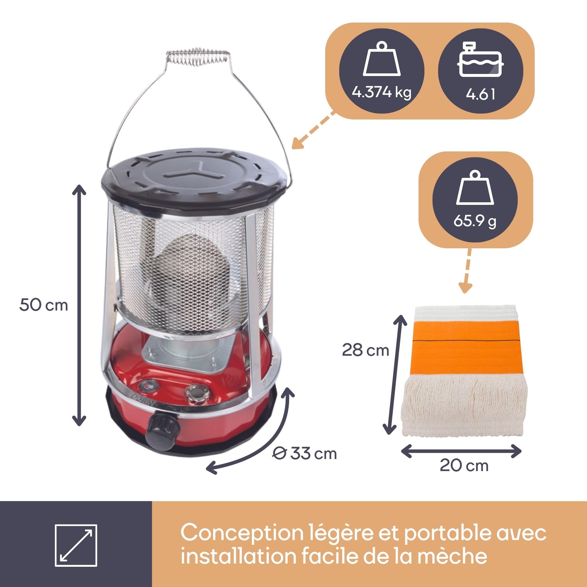 Chauffage à pétrole portable 2600W avec mèche + 2 rechanges, poêle extérieur camping tente 4,6L 18h