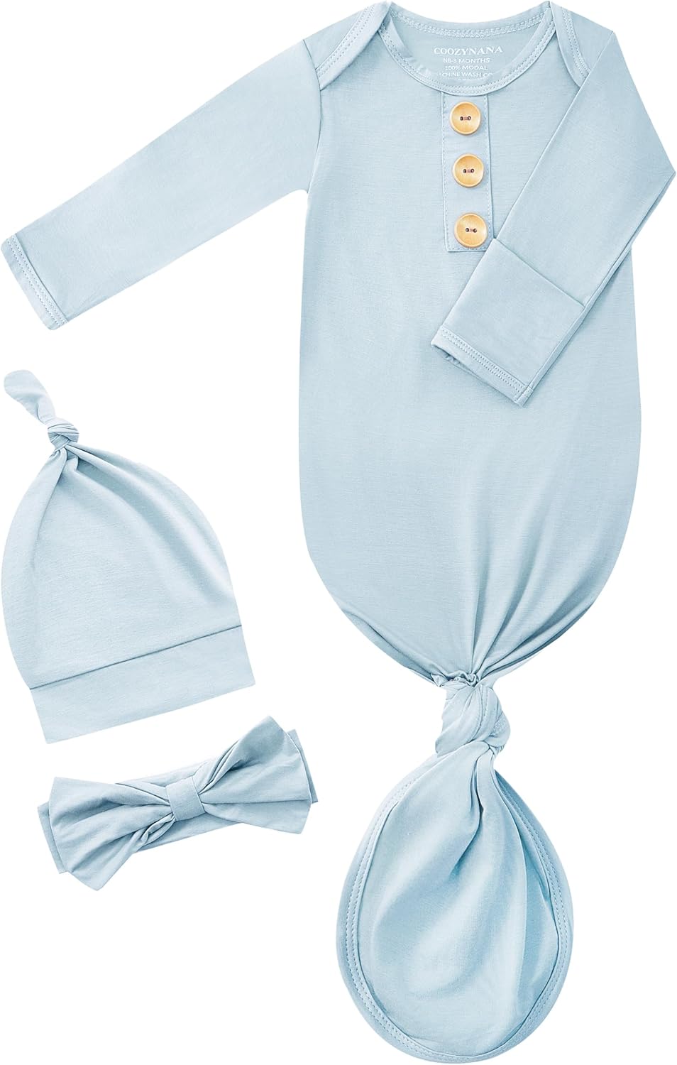Newborn Knotted Gown Set, Soft Breathable Baby Sleep Gown with Hat & Headband for Boys Girls