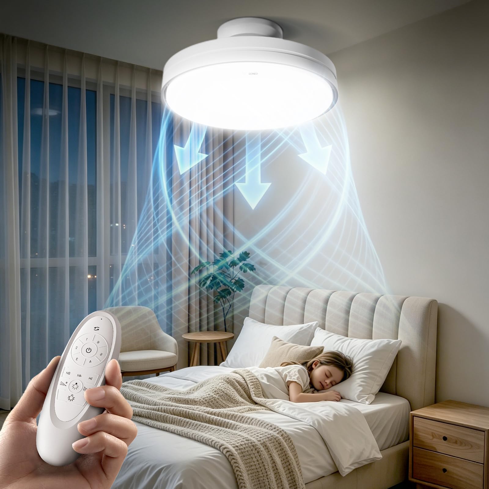 GONEO Ventilatore da Soffitto Senza Pale con Luce –24,5 cm Basso Profilo,Incasso,LED Dimmerabile 3000–6500K,6 Velocità,Telecomando Timer,Silenzioso,Camera Bambini Ufficio | Soffitti Bassi Appartamento