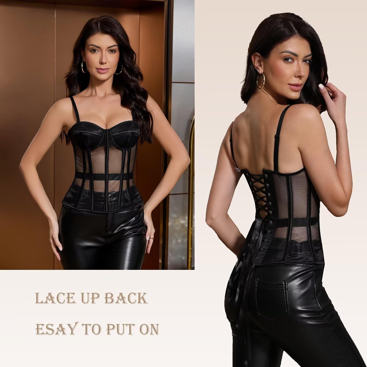 Mesh Corset Tops For Women Lace Up Corset Boned Bustier Sexy Overbust Tops Removable Spaghetti Strap Shapewear - Image 3