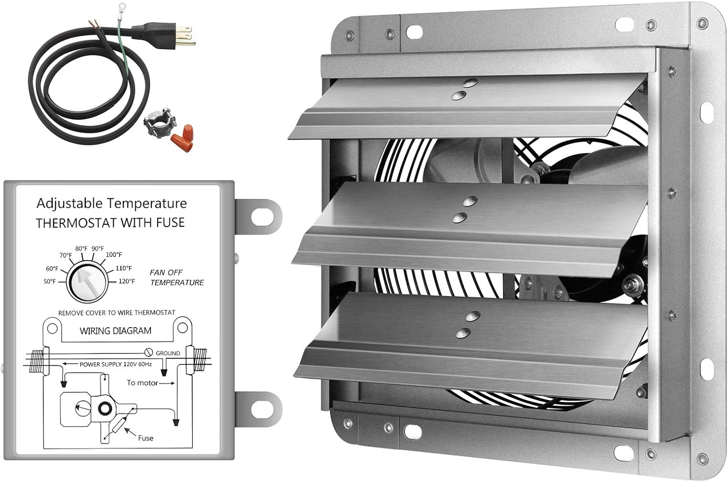 iPower 7 Inch Shutter Exhaust Fan Aluminum High Speed 1680RPM, 760 CFM, Silver, with Adjustable Programmable Thermostat Fan+Power Cord+Thermostat 7 Inch