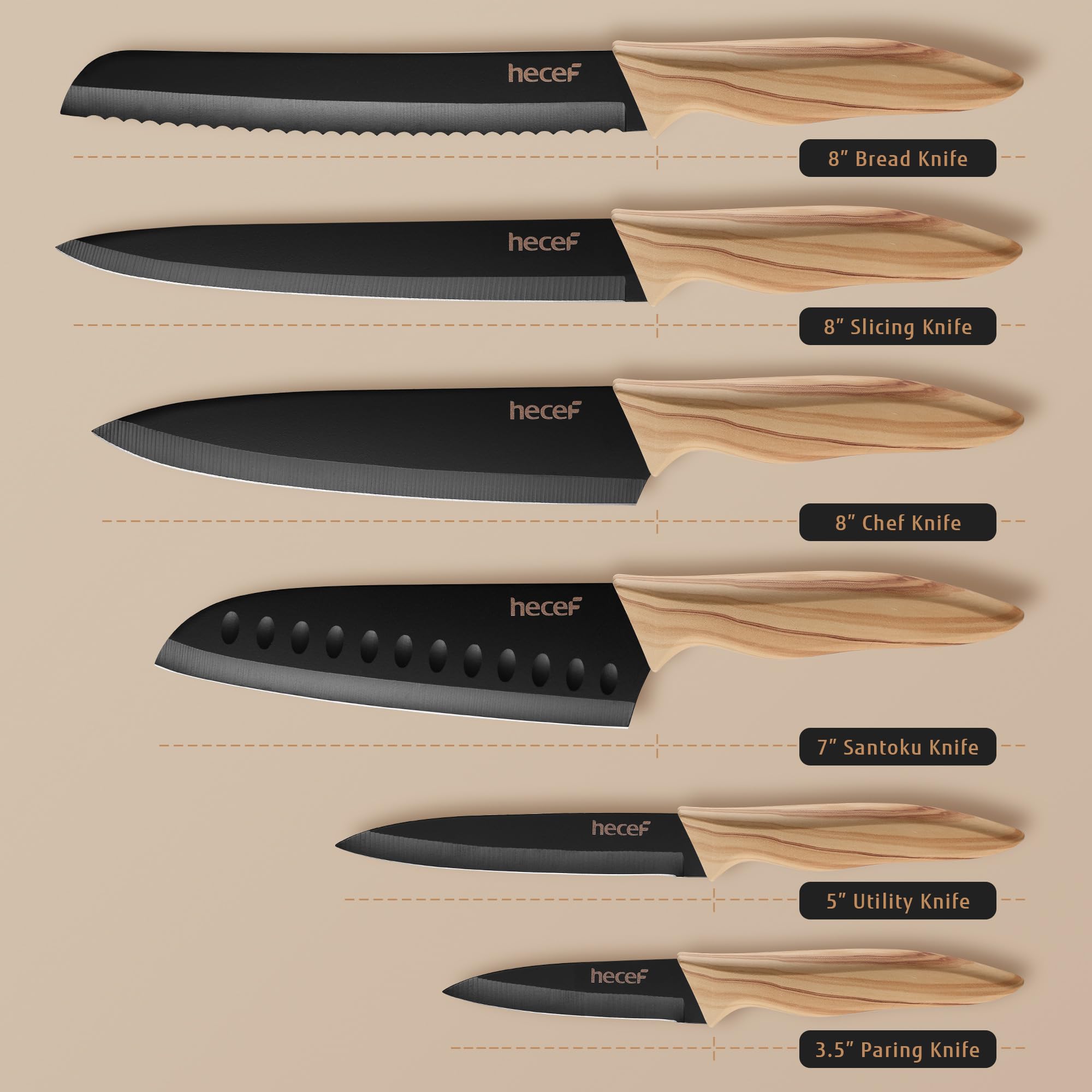 hecef Set Coltelli Cucina 6 Pezzi con Fodero, Acciaio Inox Ultra Affilati, Manico Effetto Legno D’Olivo, Set Coltelli Chef Professionali per Casa & Professionale, Antiruggine