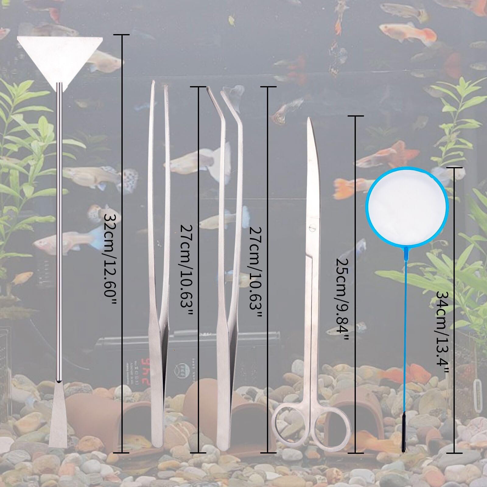 Strumenti per Acquario 5 in 1 pinzette lunghe forbici spatola rete per pesci imbuto per alimentazione - argento