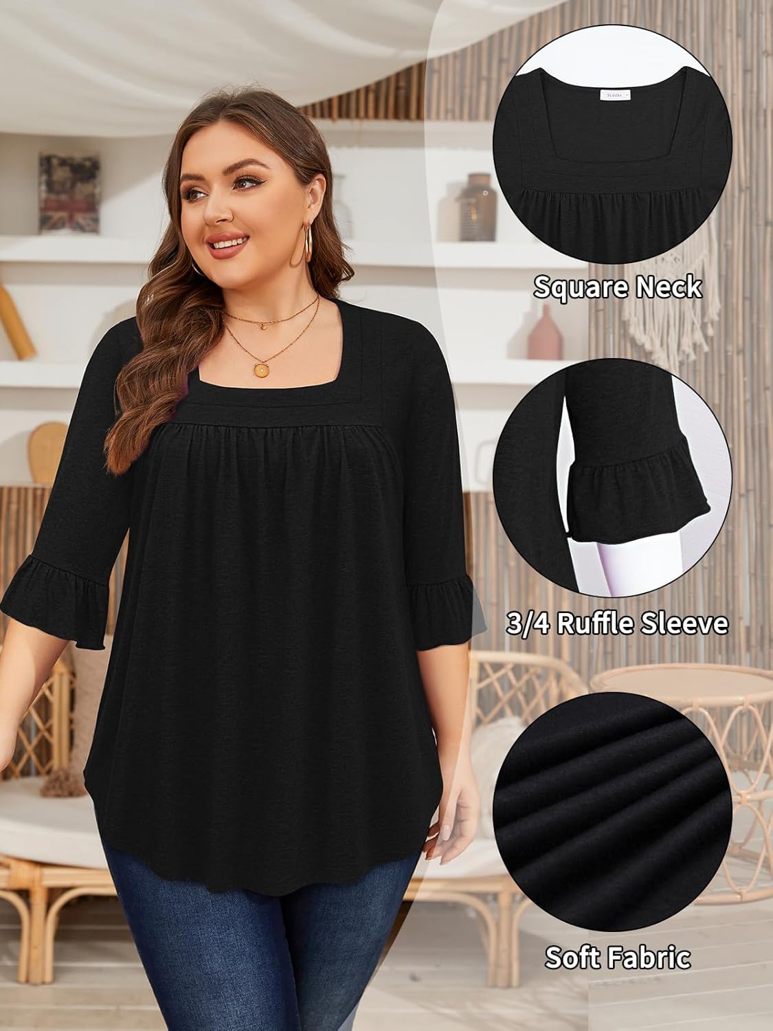 Siddhe Womens Plus Size Tops Loose Fit 3/4 Ruffle Sleeve Blouses Square Neck T Shirt Casual Tunic Tops(1X-5X) - Image 5