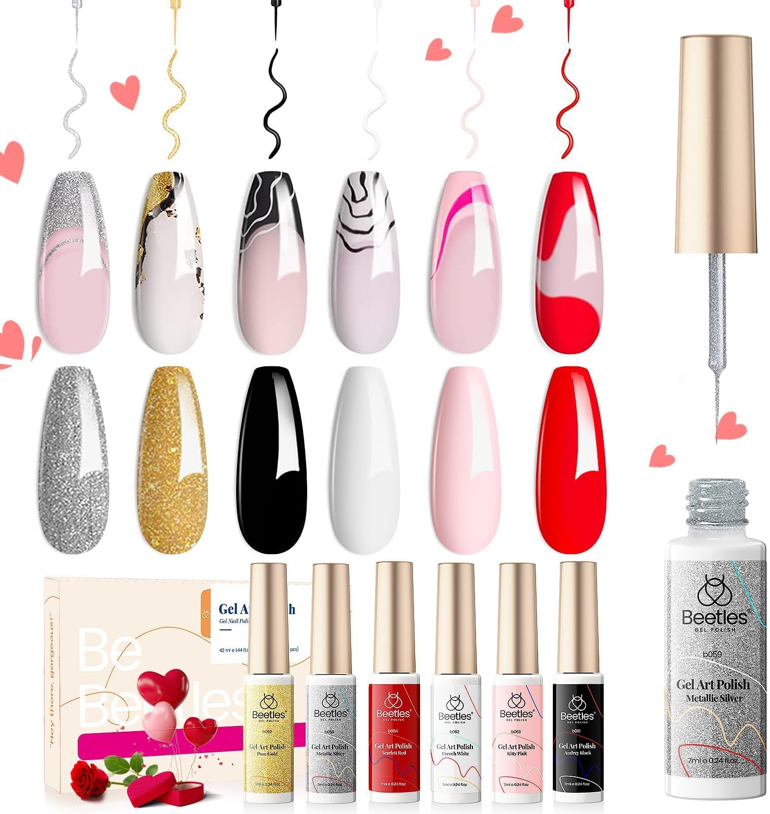 Beetles Gel Nail Polish Set - 6 Colors Art Liner With Built-in Brush, Black White Red Gold Silver Glitters for Manicure, Soak Off