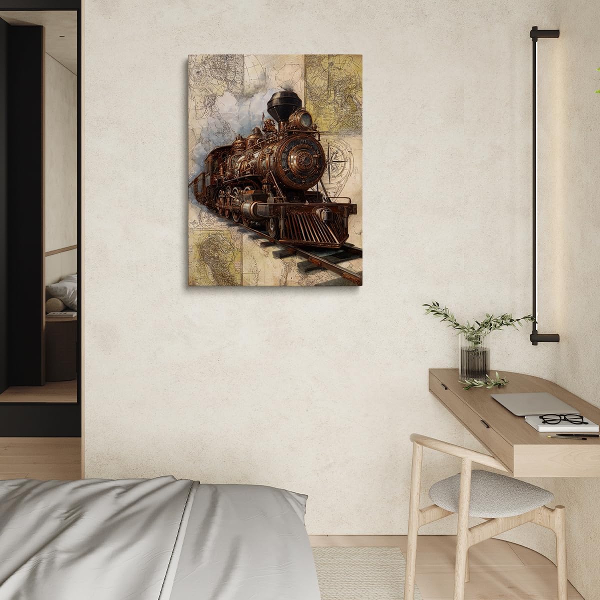 Steampunk Train Wall Art – Retro Industrial Locomotive Canvas Print, Mechanical Steam Engine Poster, Vintage Railway Artwork for Man Cave Decor 24x36in Wood Frame