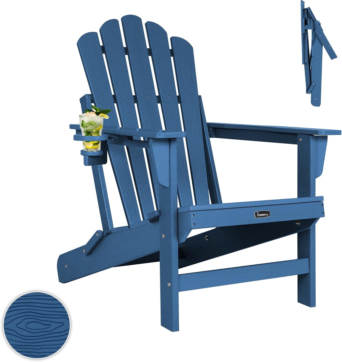 FUNBERRY Folding Adirondack Chair, All Weather HDPE Wood Texture Fire Pit Chairs with Cup Holder for Outdoor