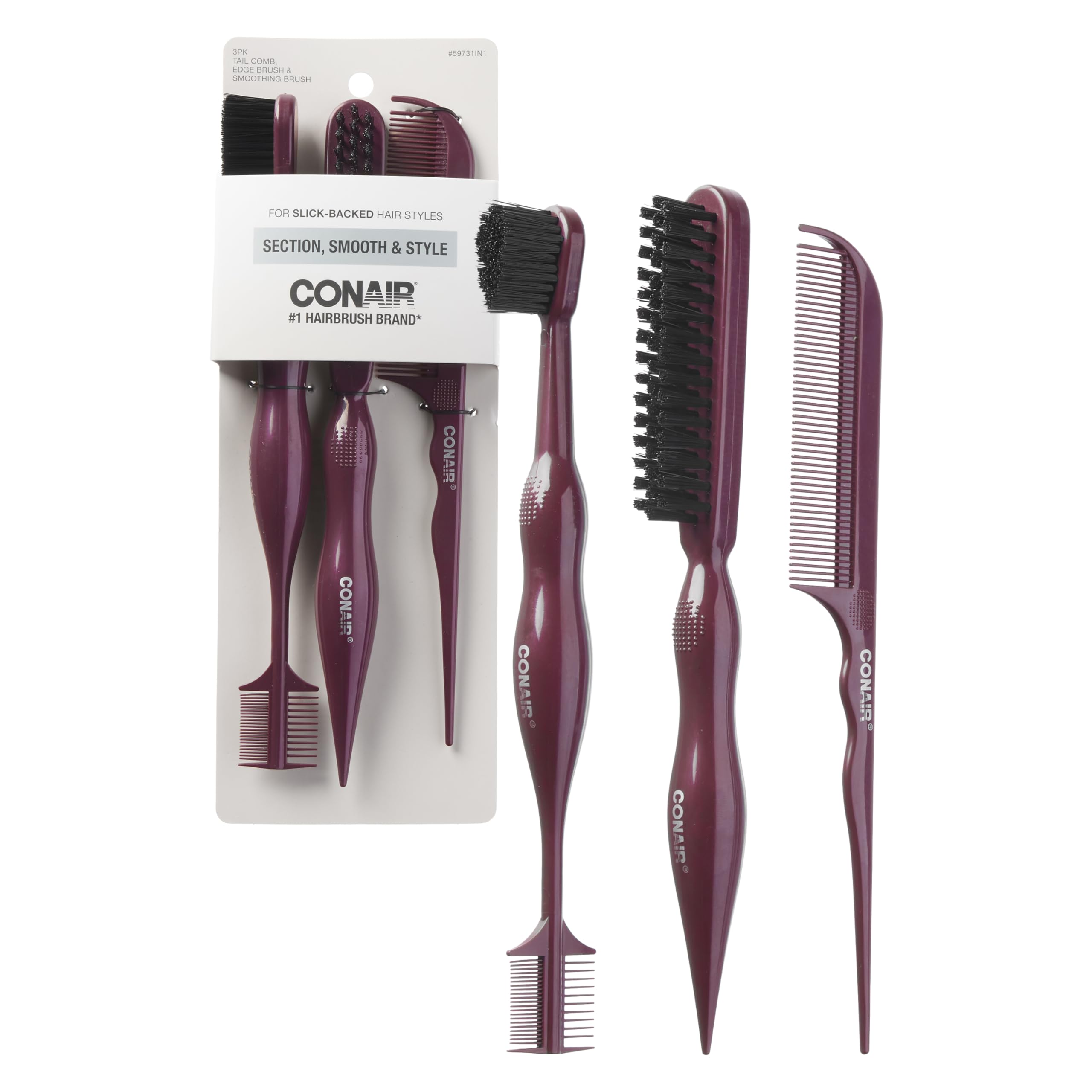 Conair Slick Back Tail Comb Set, 3-Pack with Fine Tooth Tail Comb, Edge Brush, and Smoothing Brush for Teasing, Parting, and Smoothing Sleek Hair Styles, Control Hair Flyaways
