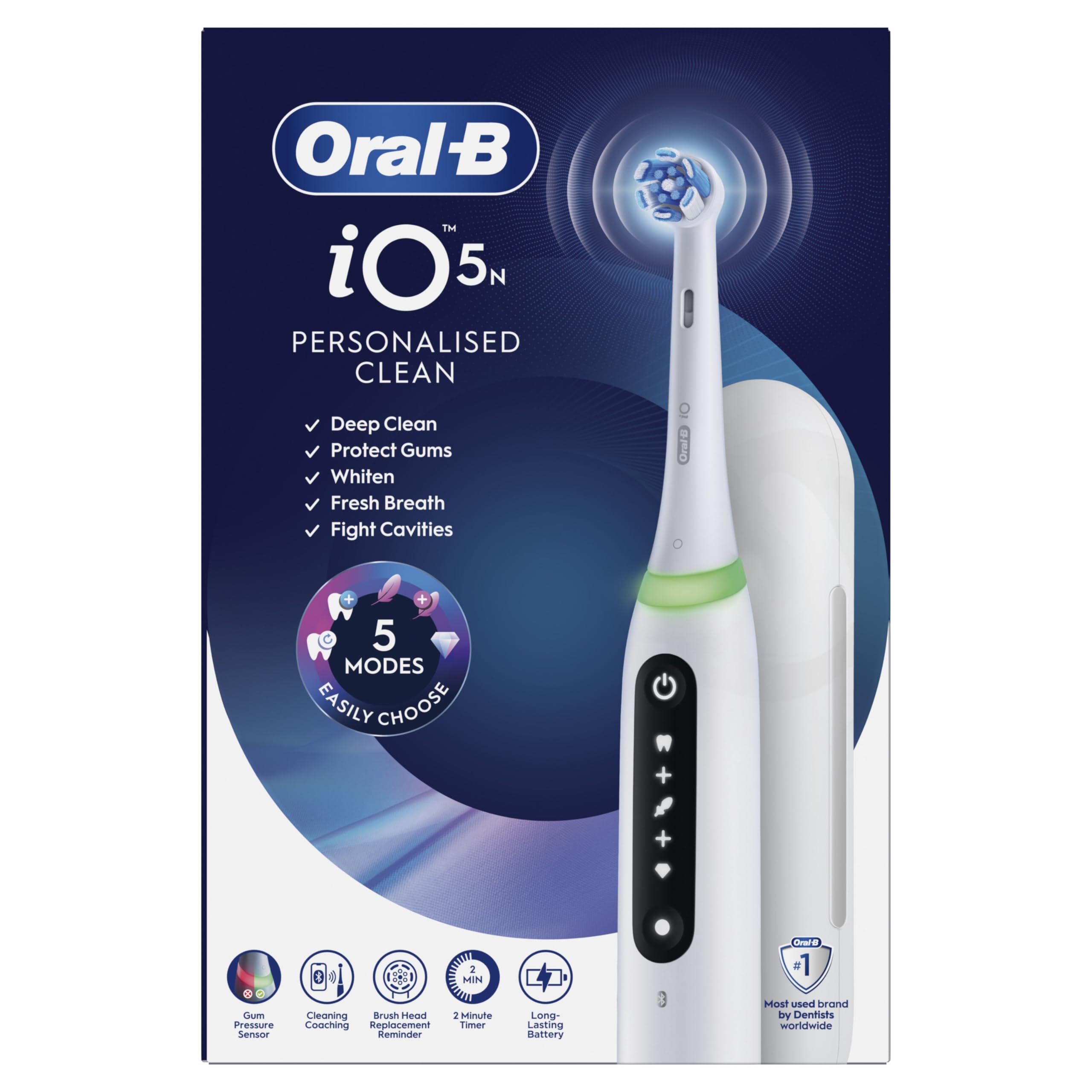 Oral-B Brosse à Dents Electrique iO 5 avec Brossette de Rechange, Blanche – 5 Modes de Brossage dont Douceur et Blancheur, Capteur de Pression sur les Gencives et d’Usure, Batterie Rechargeable, Etui
