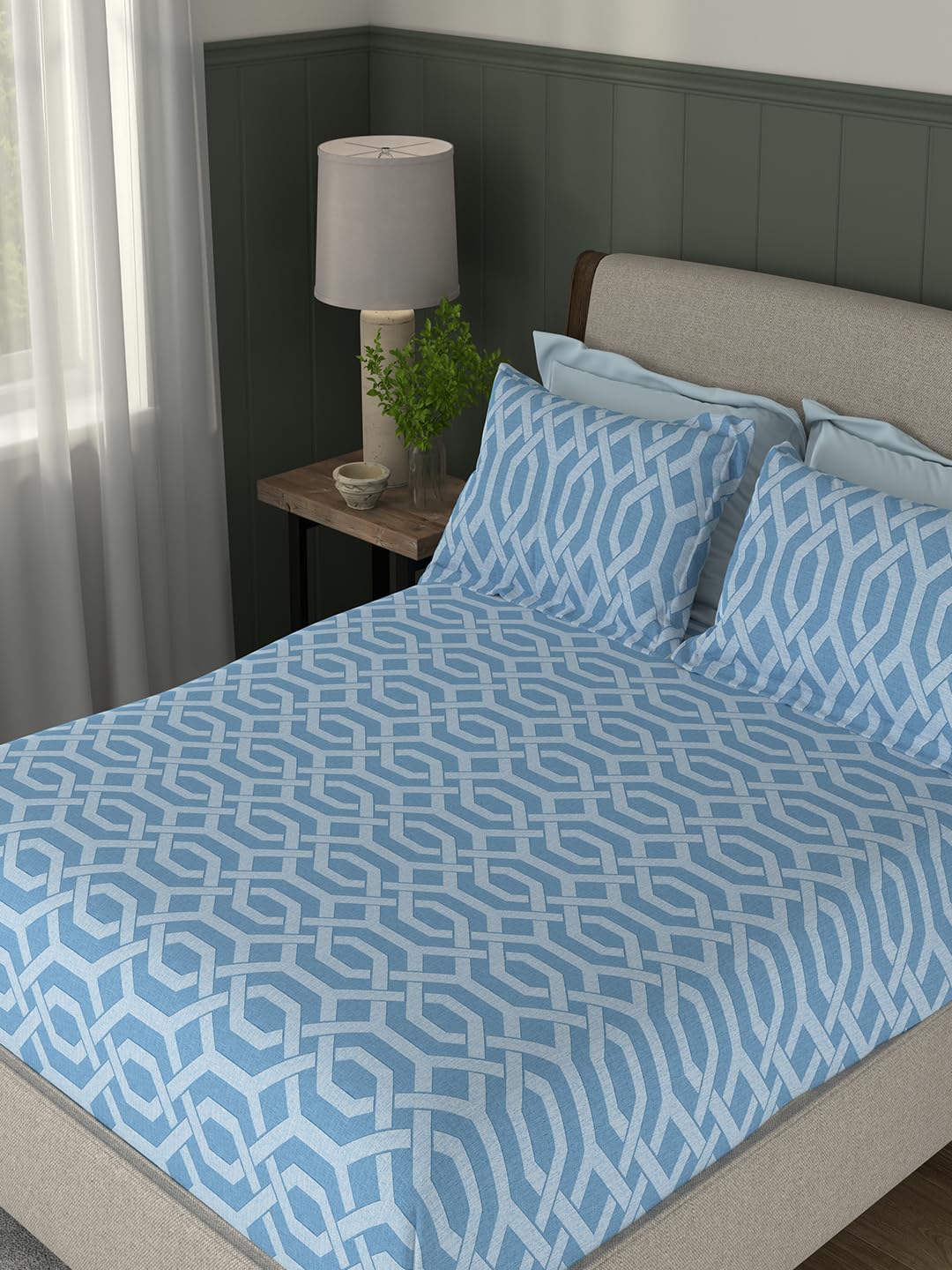 Portico New York Signature - Everyday Elegance 104 TC Cotton Blue Double Bedsheet with 2 Pillow Covers