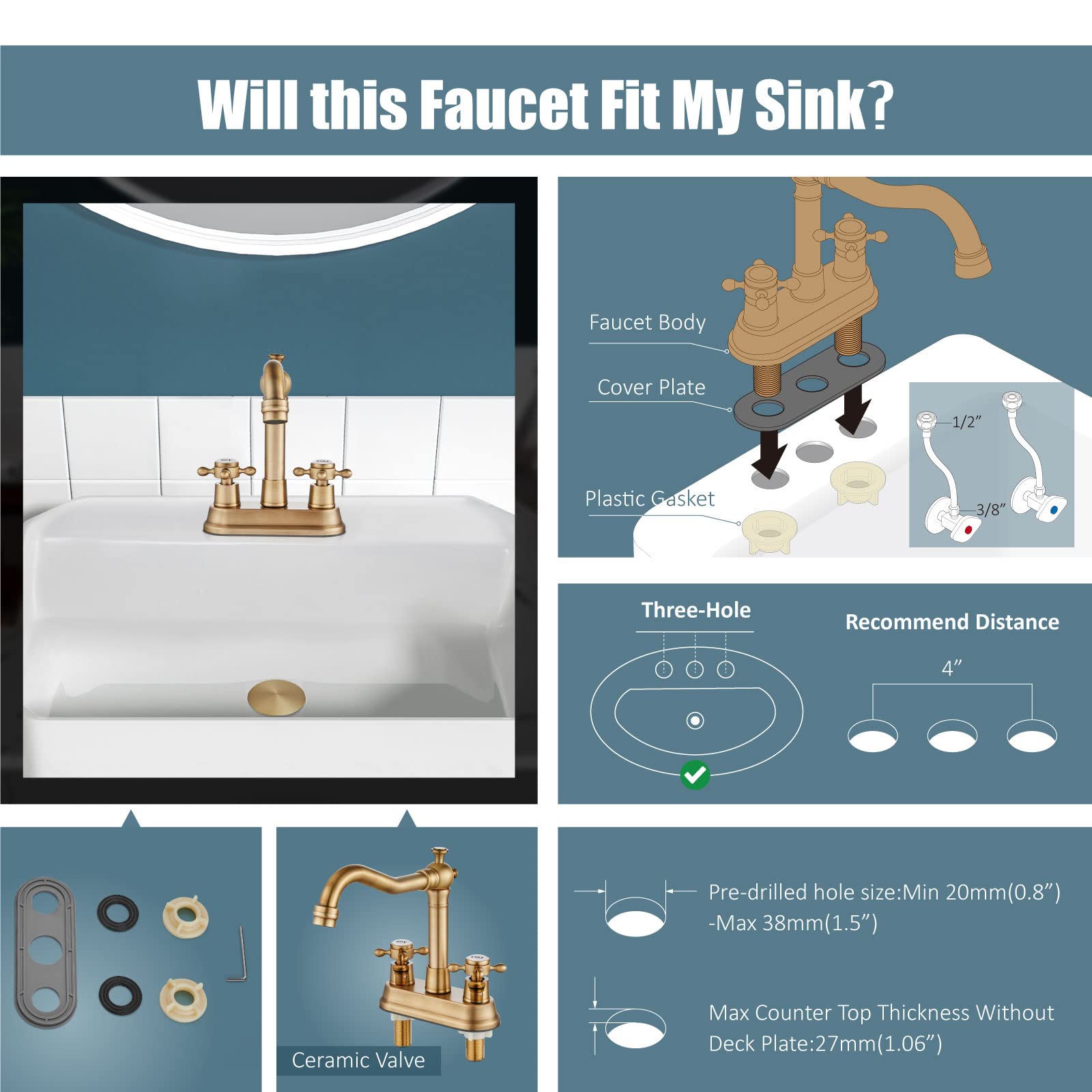 Aolemi Antique Brass Bathroom Sink Faucet 4 Inch Centerset Double Cross Handles Basin Mixer Tap with Pop up Drain 360 Degree Swivel Vintage Deck Mount Bath Lavatory Vanity Faucet for Sink 3 Holes