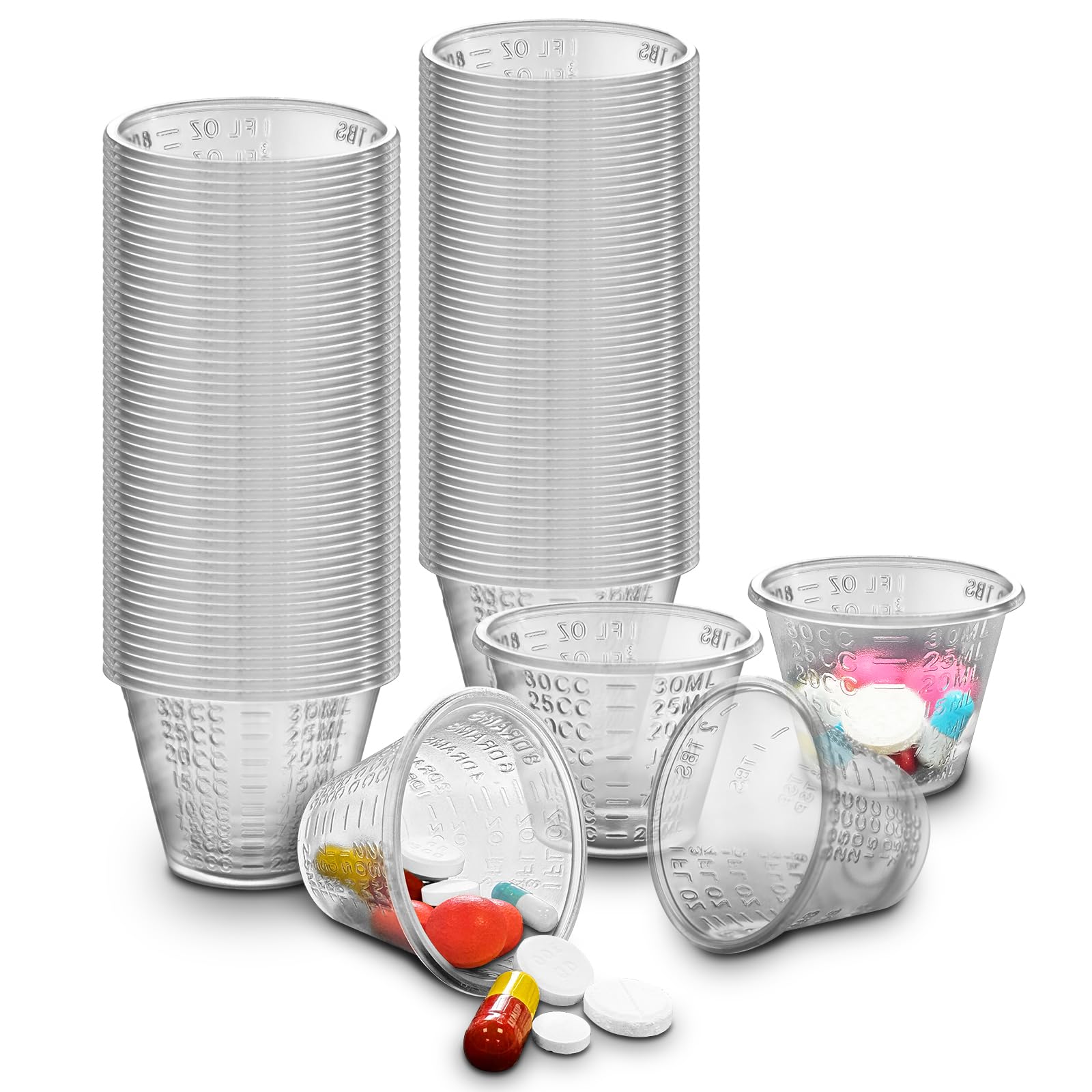 RE-GEN 30ml Clear Plastic Reusable Medicine Kitchen Graduated Measuring Pot Containers, 100 Cups Per Sleeve - 2 Sleeves (200 Cups)