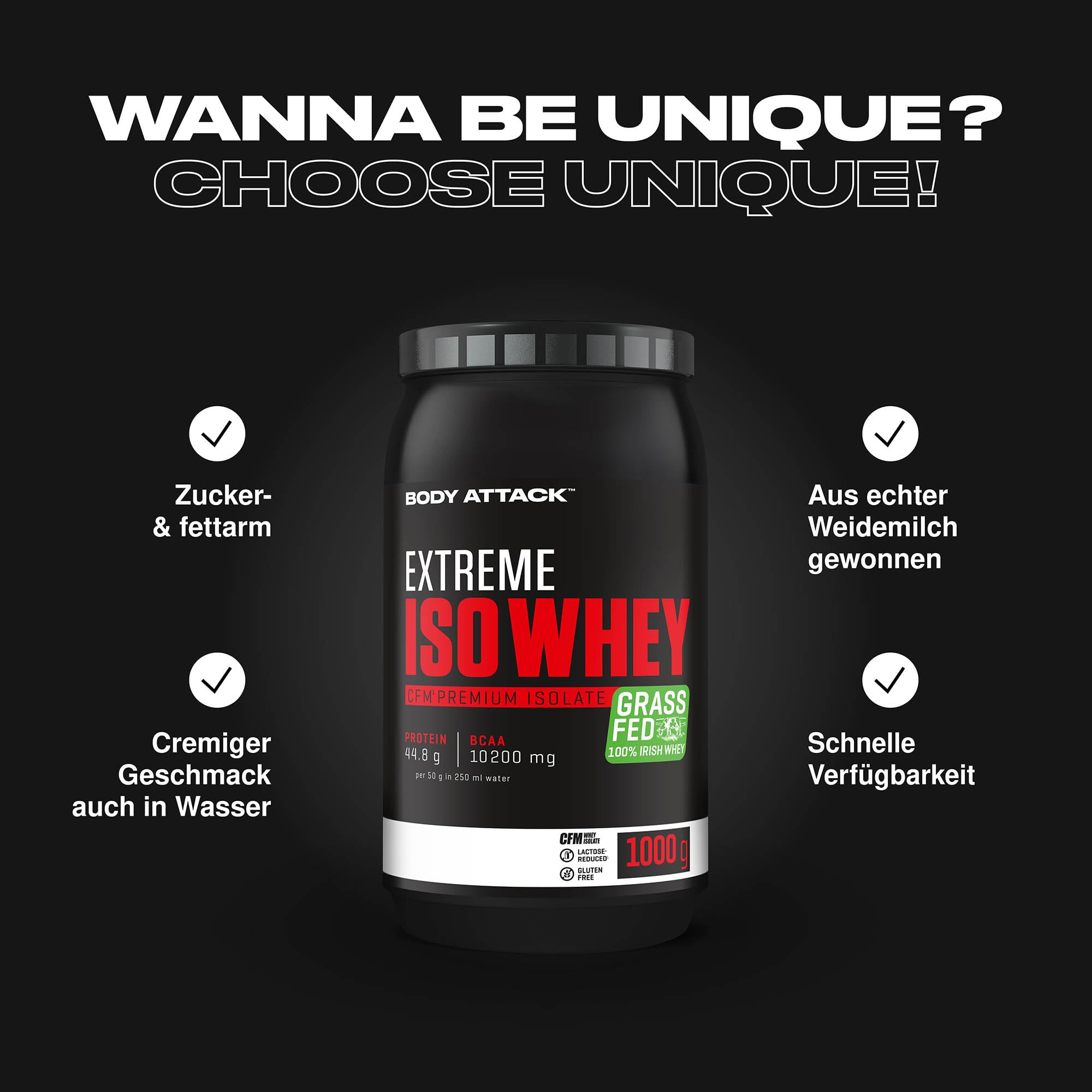 Body Attack Whey Protein w proszku Strawberry, 1 kg białka w proszku, łatwo rozpuszczalny i szybko przyswajalny izolat serwatkowy – ze 100% irlandzkiego mleka wierzbowego